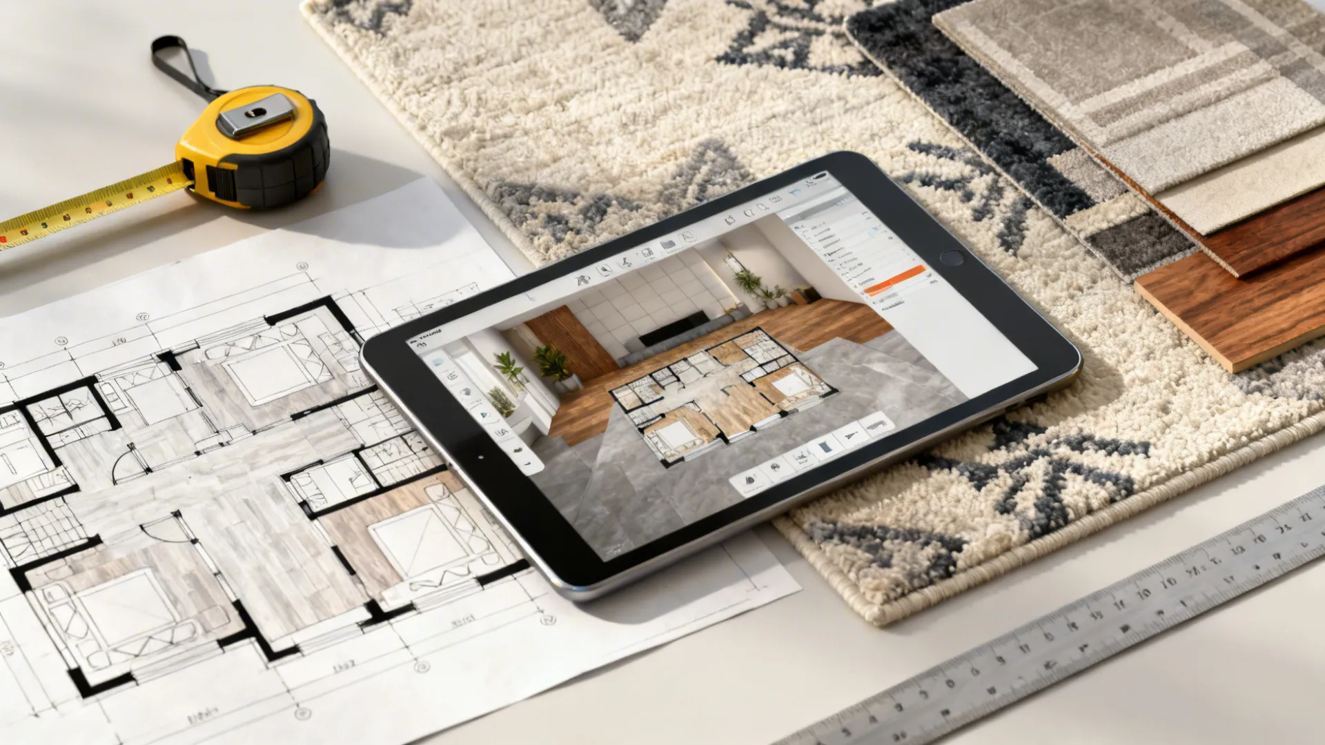 Flatlay of a scaled floor plan, measuring tape, tablet with a 3D planner, and material swatches.