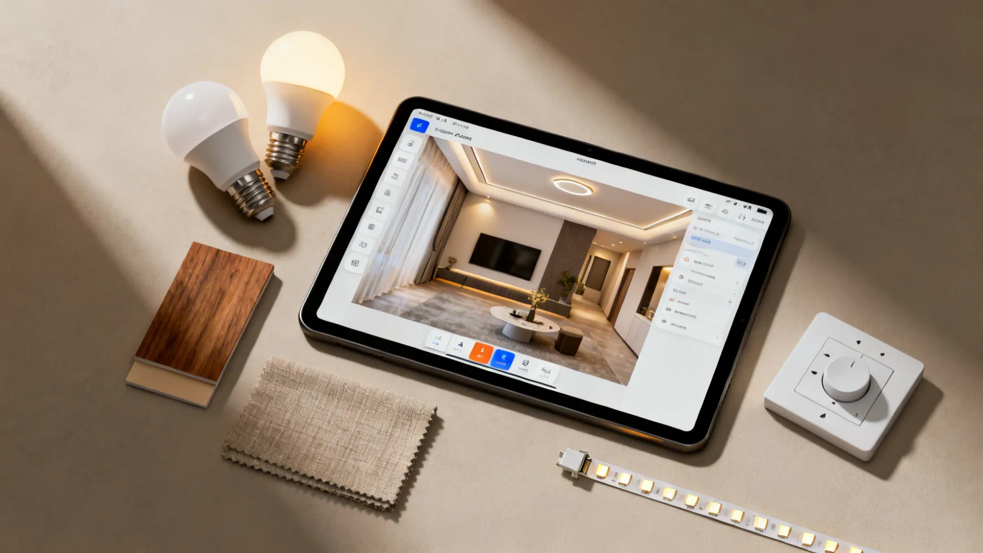 Flatlay of a tablet with 3D planner, warm white bulb samples, fabric swatches, and a dimmer unit.