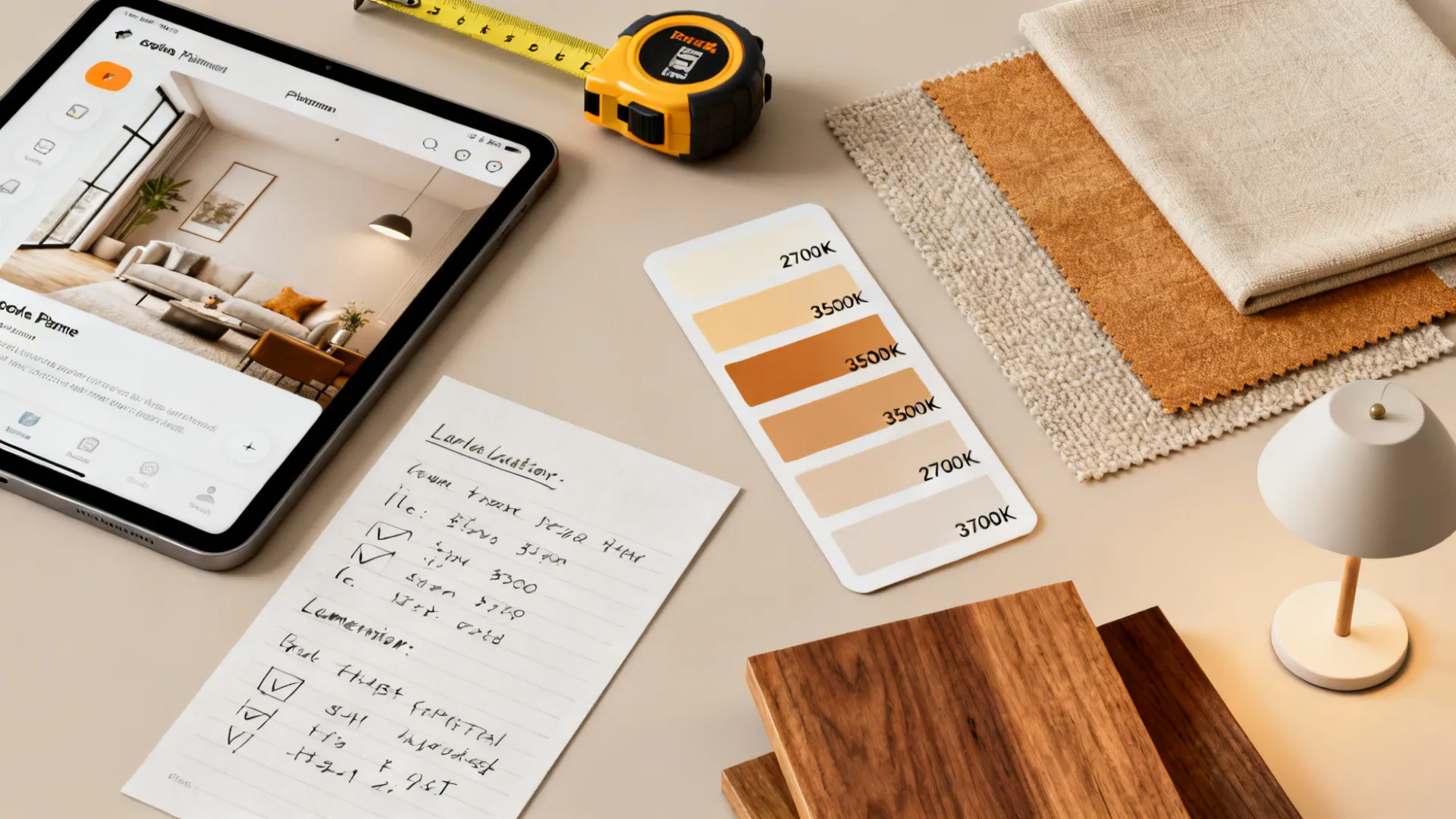 Flatlay of lighting planning tools: tablet with room planner, lumen notes, swatches and lamp samples.