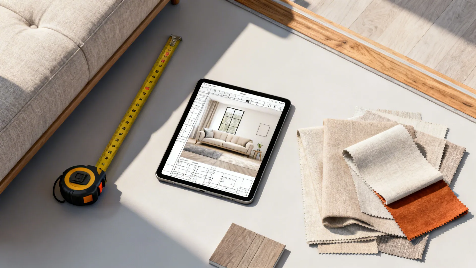 Tablet showing interior design drawing with a yellow measuring tape and various colored fabric samples