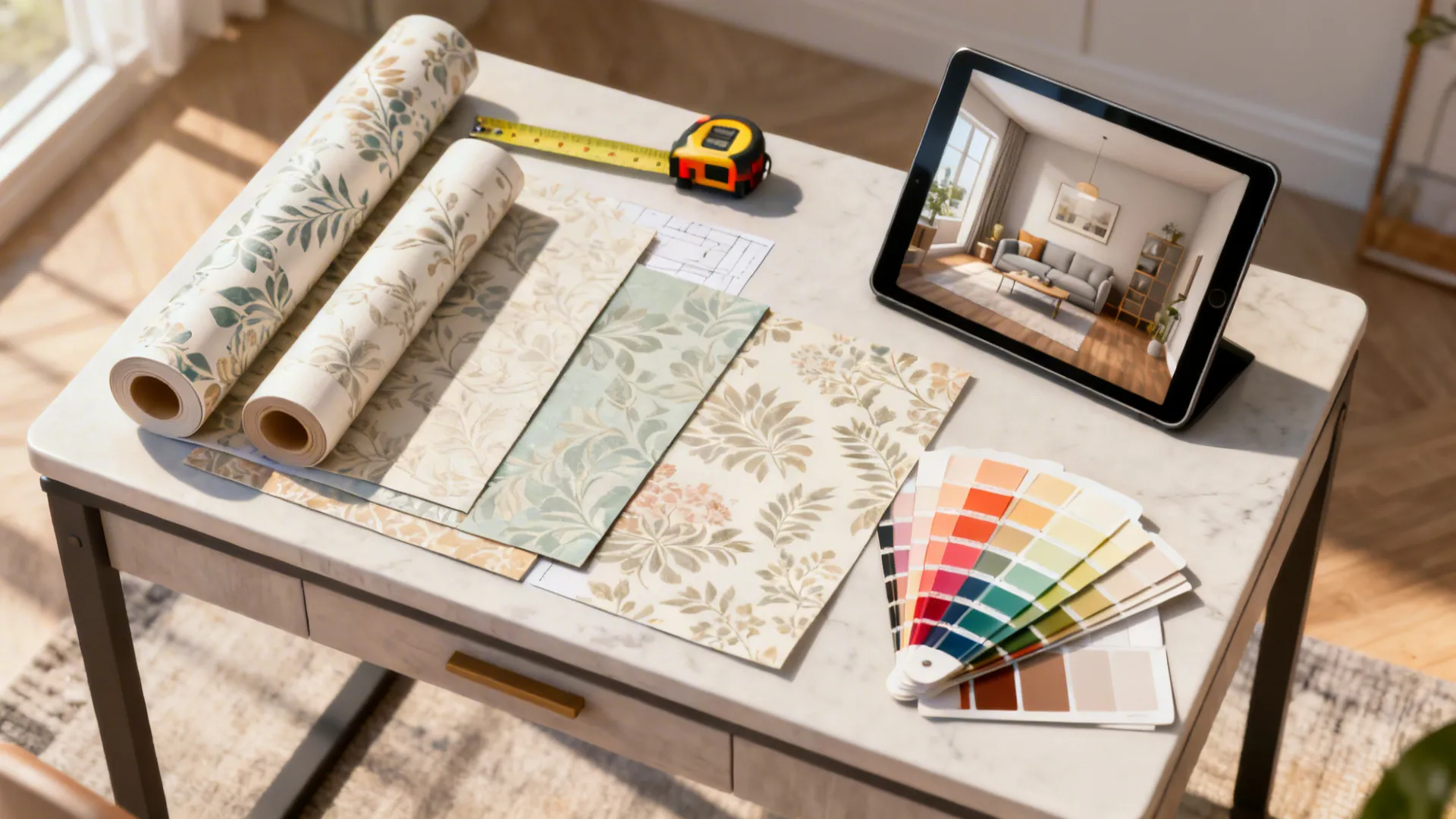 Top-down view of wallpaper samples, color swatches, tape measure and a tablet with a 3D mockup