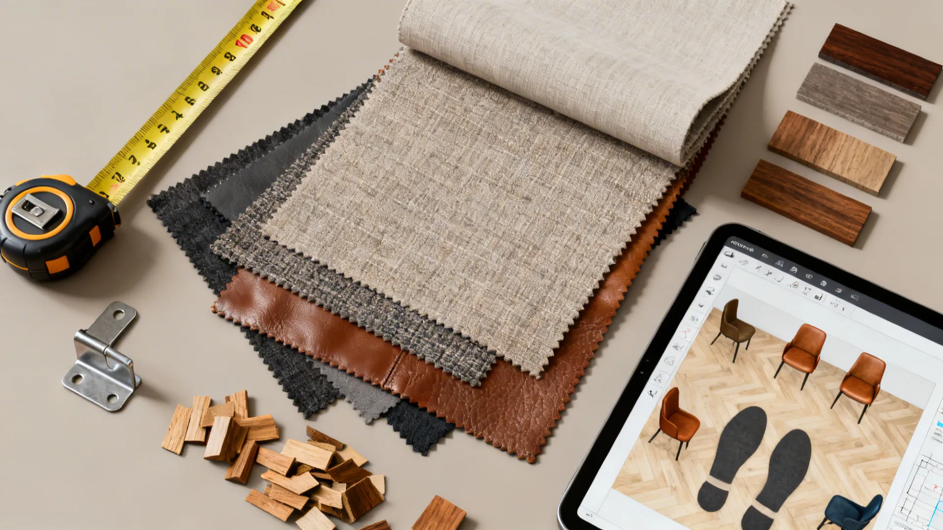 Flatlay of measuring tape, upholstery swatches, metal bracket sample and floor planner printout for chair selection.