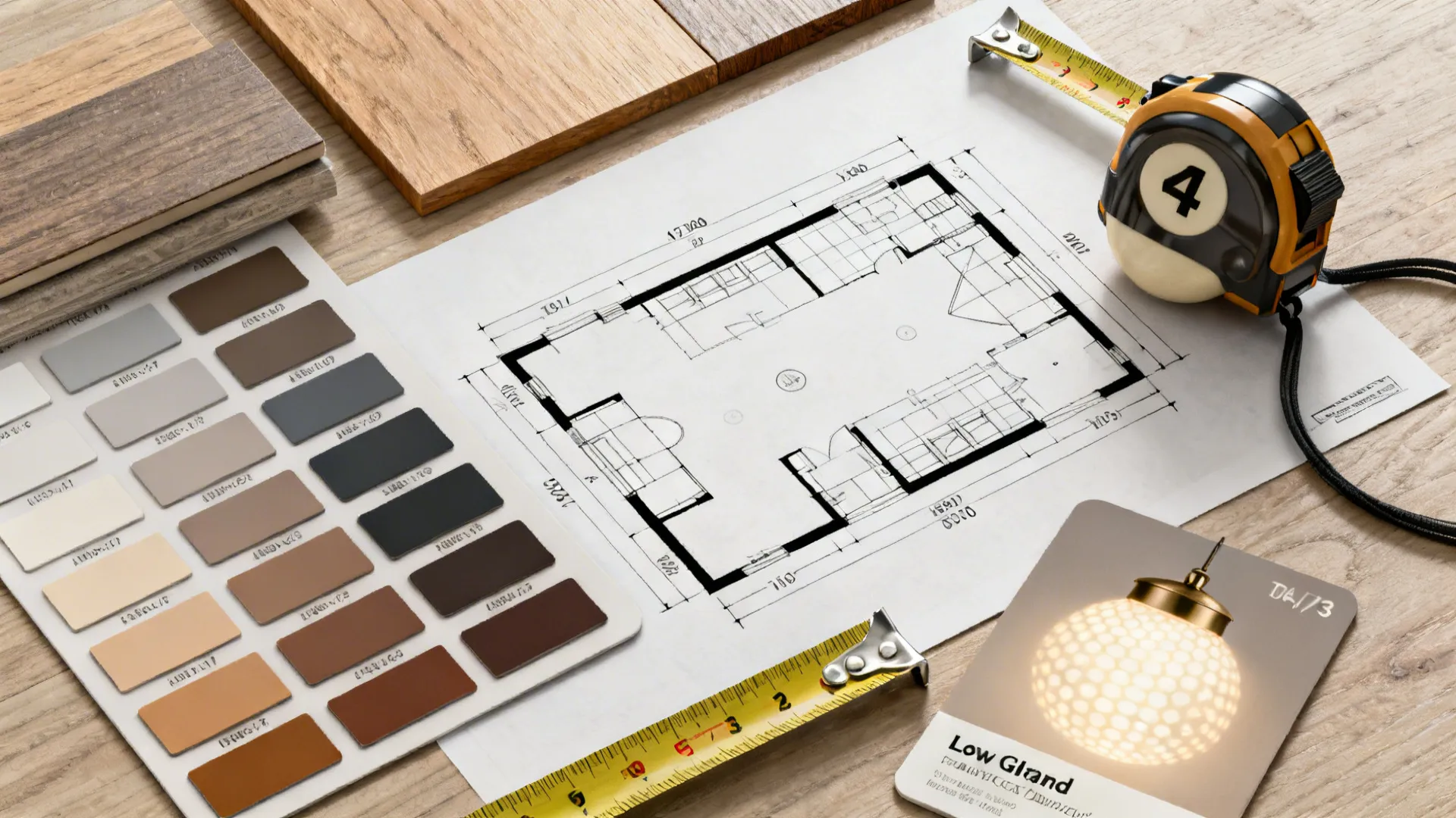 Flatlay of material swatches, floorplan, tape measure and a break-down cue for room planning