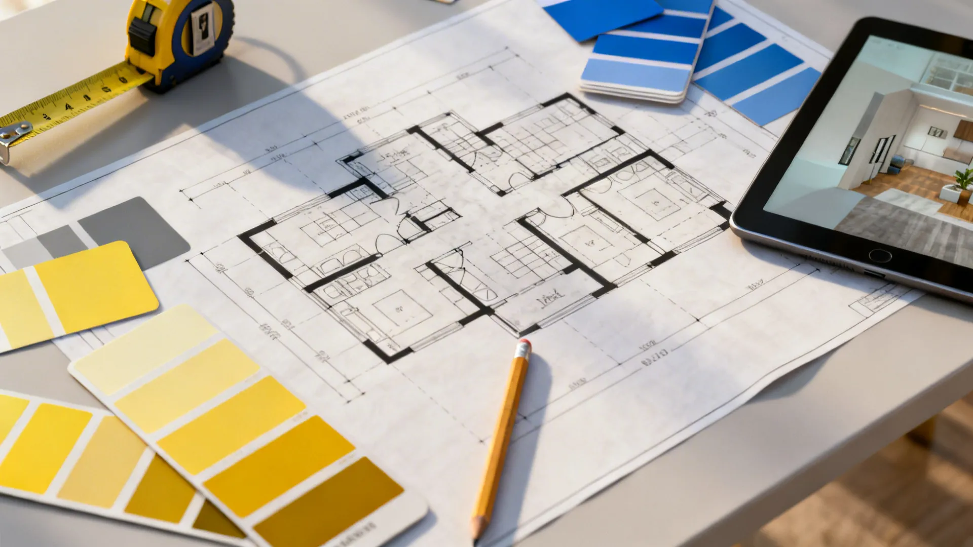 Top-down view of a layout and color swatches for planning blue-gray and yellow schemes