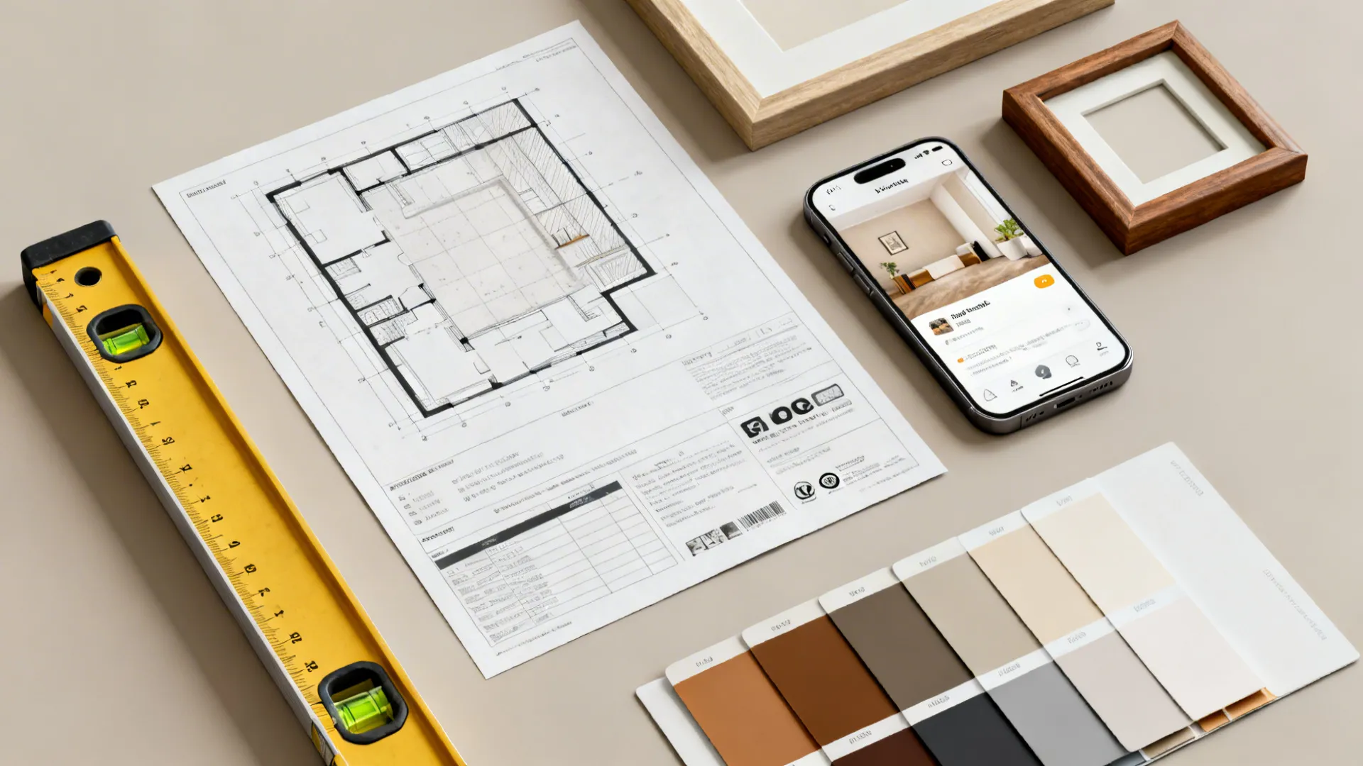 Flatlay of mockup tools: printouts, measuring tape, phone mockup and frame samples for planning wall art layouts.