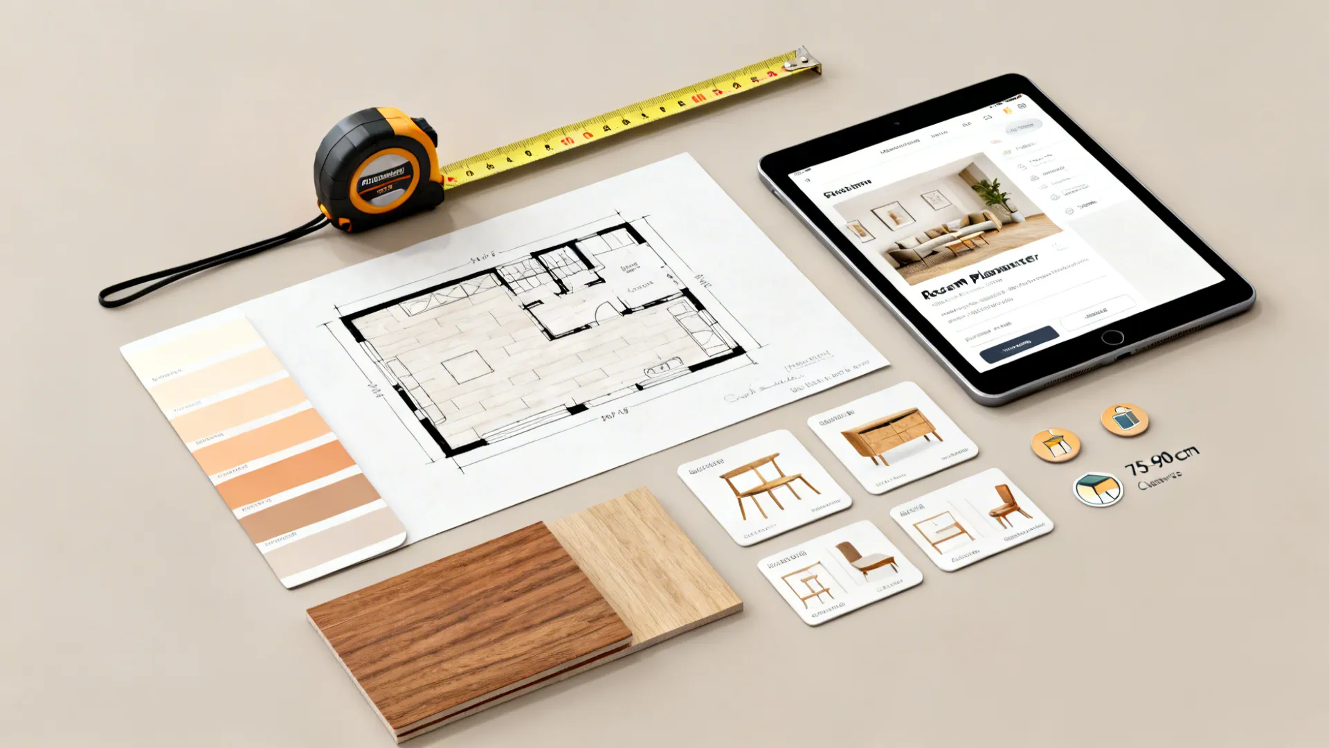 Interior design flatlay with floor plan drawing tape measure tablet color swatches and wood samples