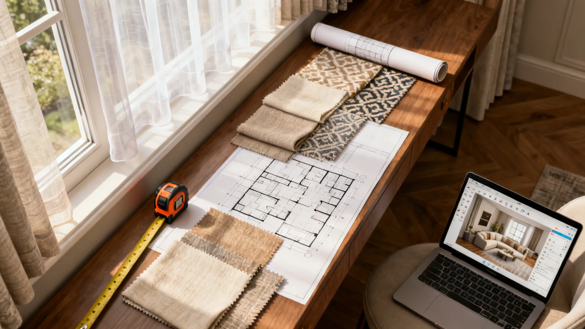 Wooden desk with fabric samples, floor plan, measuring tape, and laptop displaying interior design drawing.