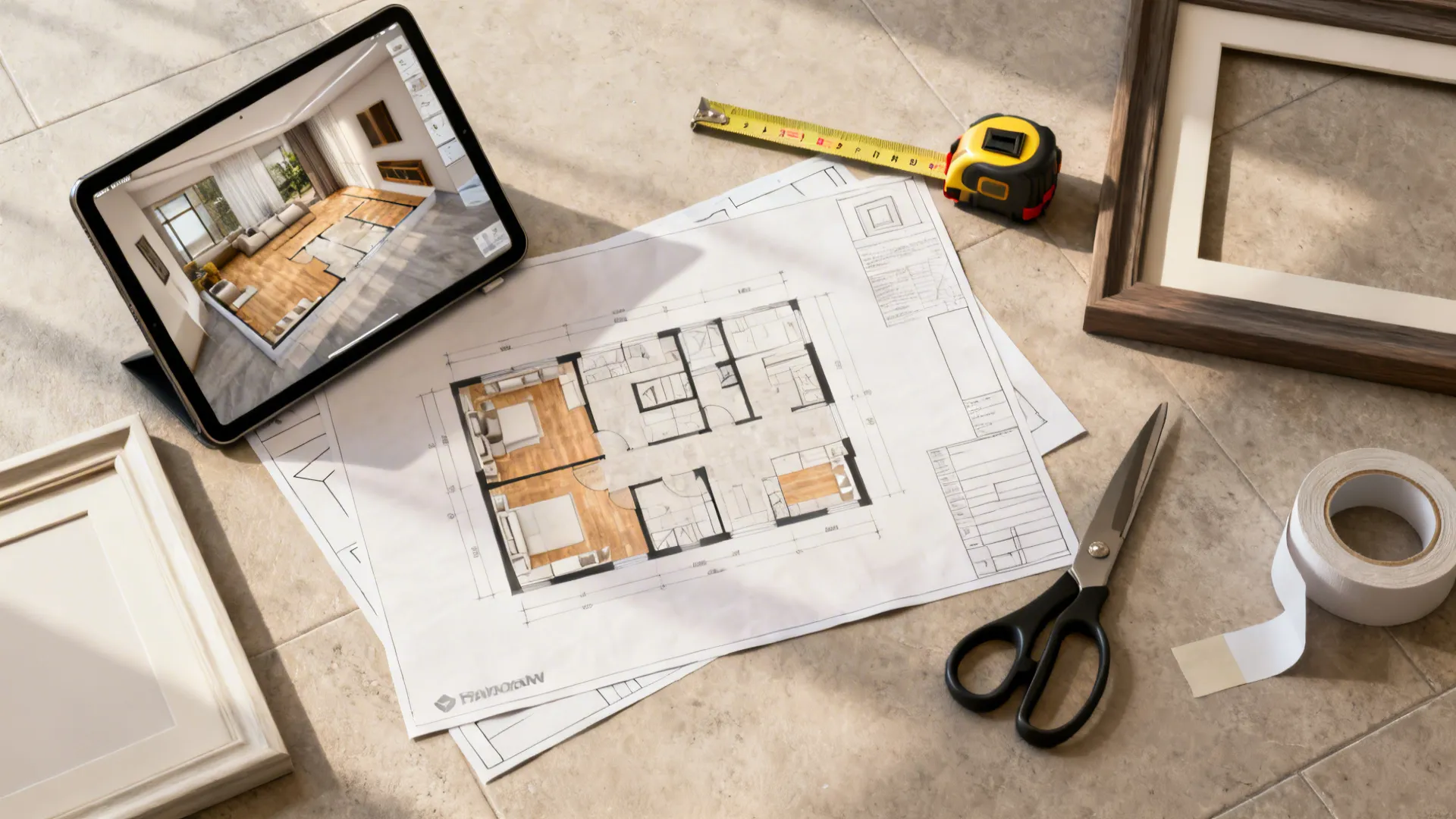 Interior design drawing on paper with tablet showing room layout tape measure scissors and frames