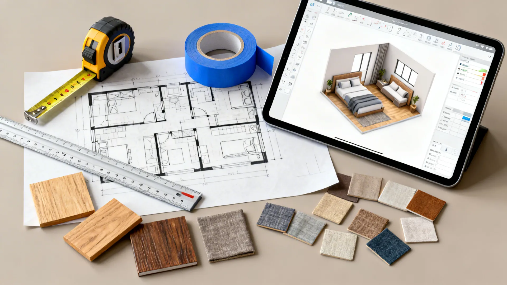 Flatlay of layout planning tools for small bedrooms including tape measure, sketches and a tablet with a floor planner