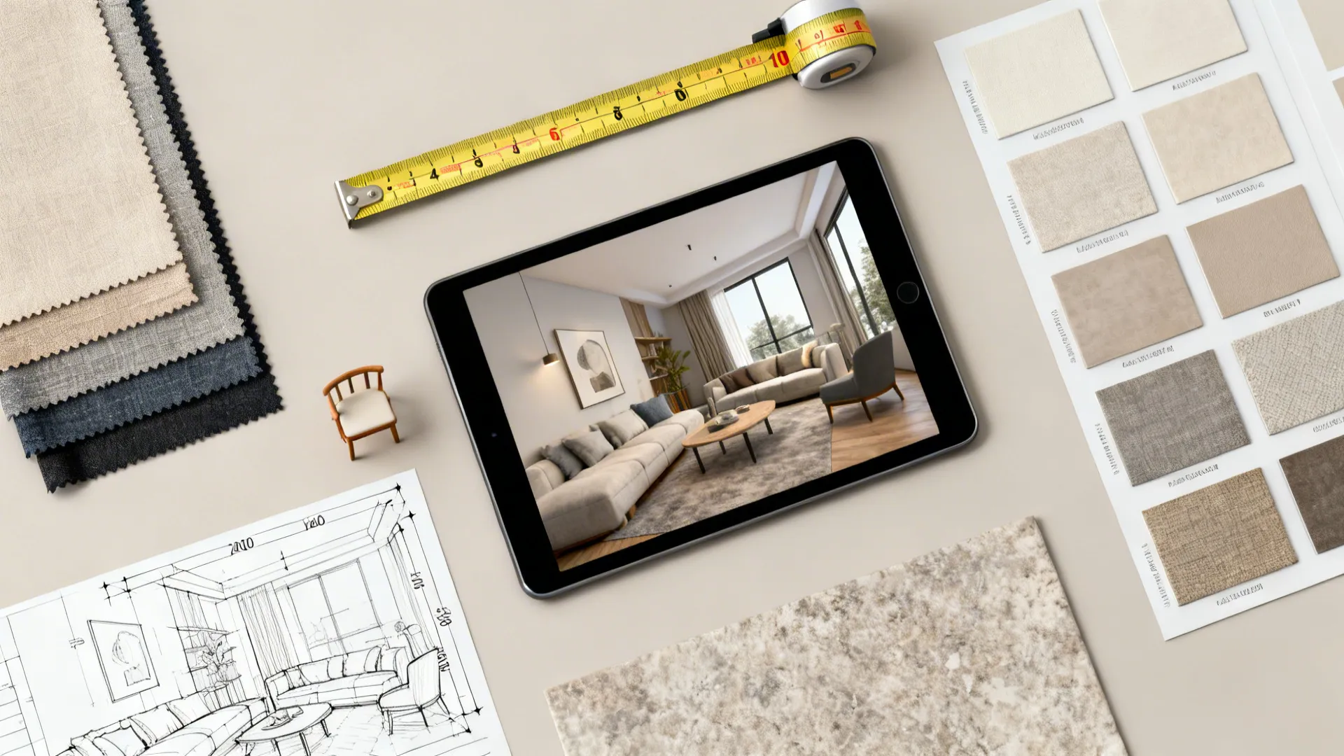 Top-down flatlay of fabric swatches, measuring tape and a tablet with a 3D room planner for small living rooms