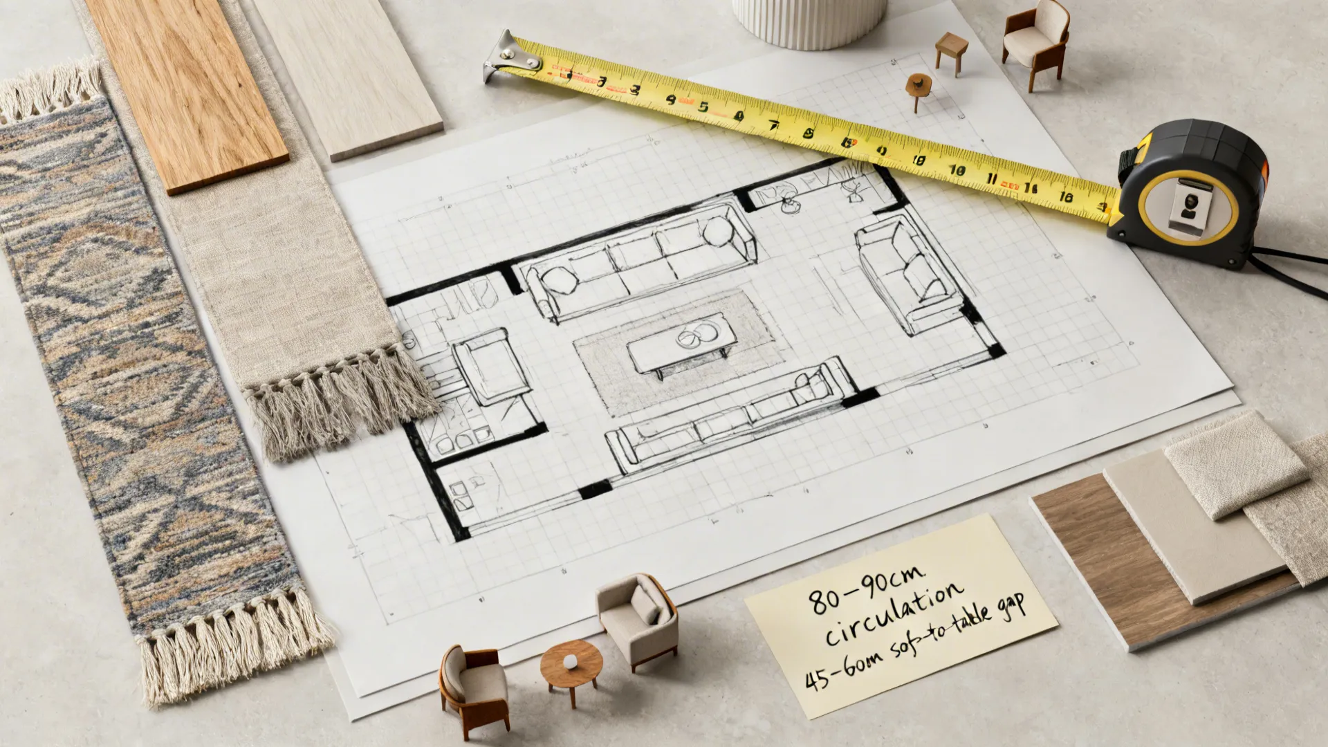 Interior design plan on table with measuring tape wood samples fabric swatches and handwritten note