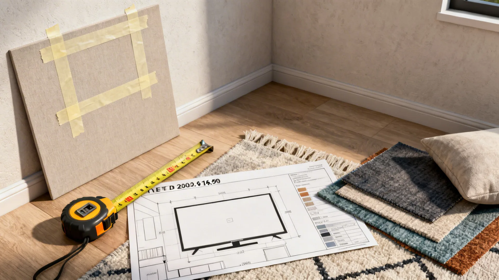 Flatlay of painter's tape mockup, measuring tape, room planner printout and fabric swatches for TV layout planning.