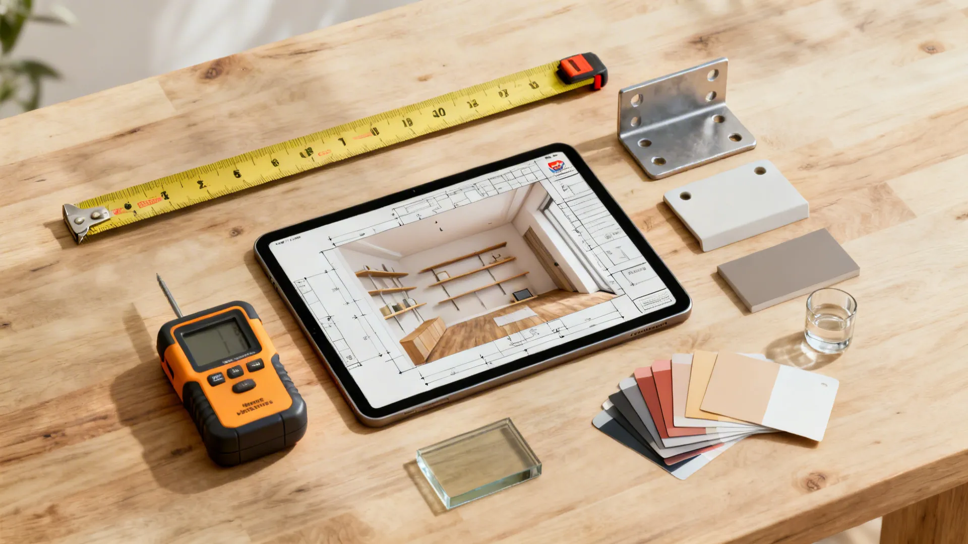 Flatlay of room planning tools including a tablet mockup, measuring tape, and bracket samples