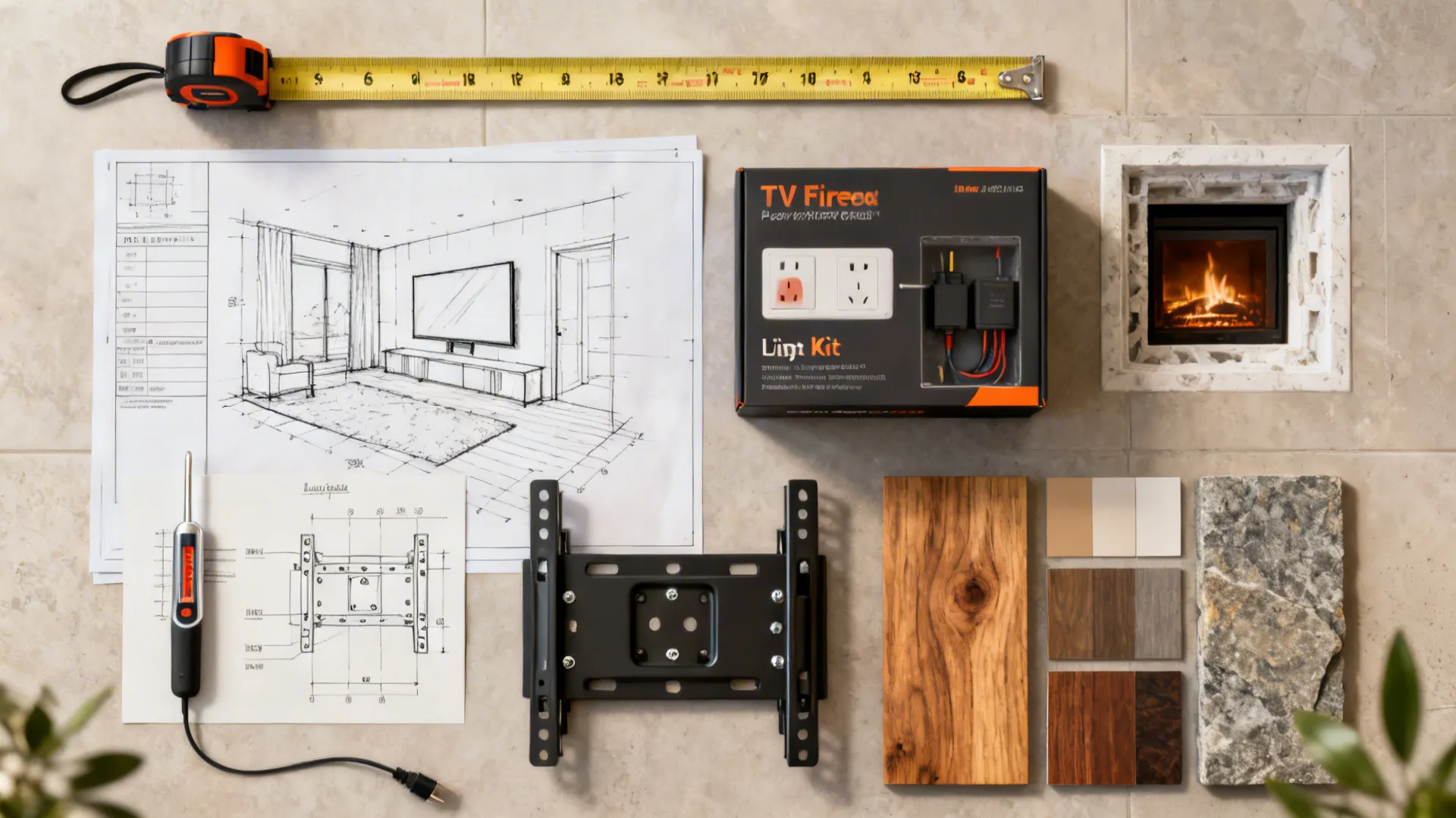 Flatlay of measuring tools, sketches and in-wall power kit for planning TV placement near a fireplace.
