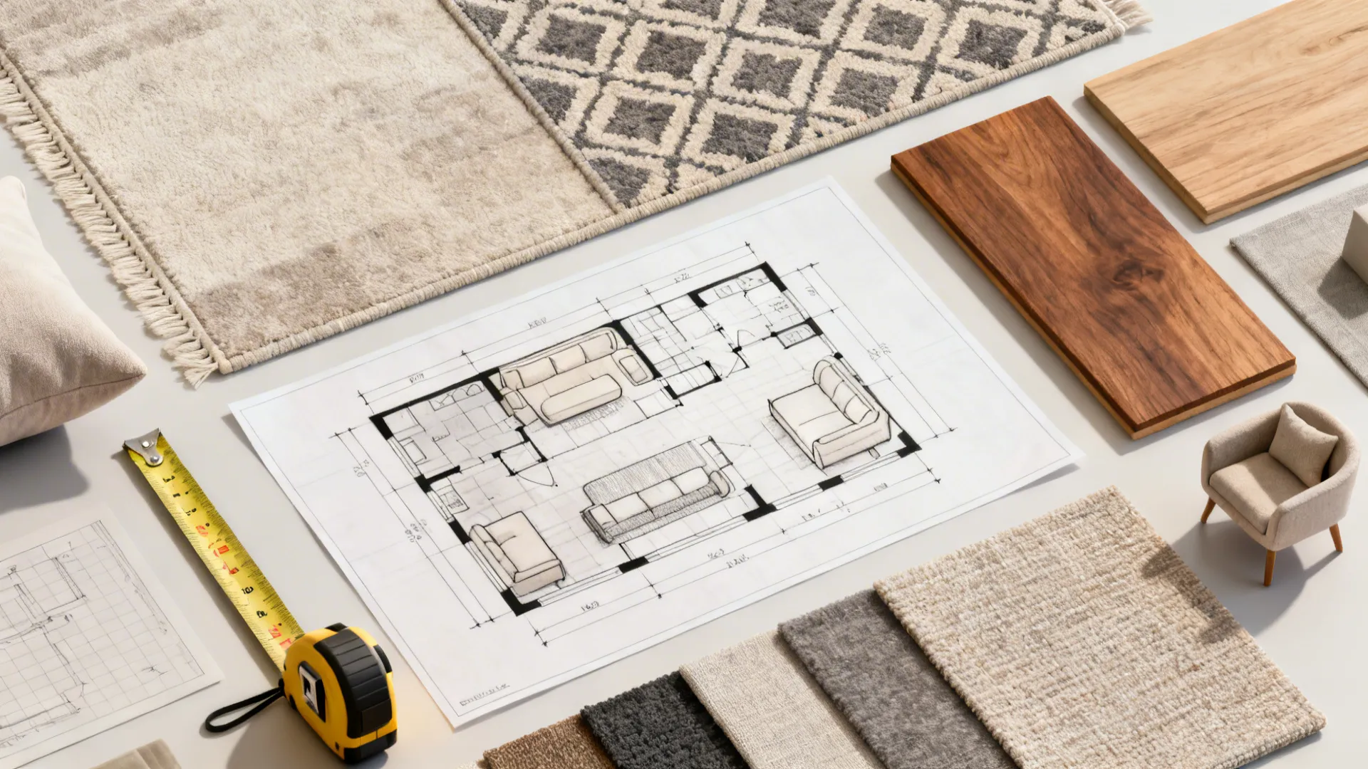 Flatlay of rug swatches, floor plan sketches and material samples for small living room planning.