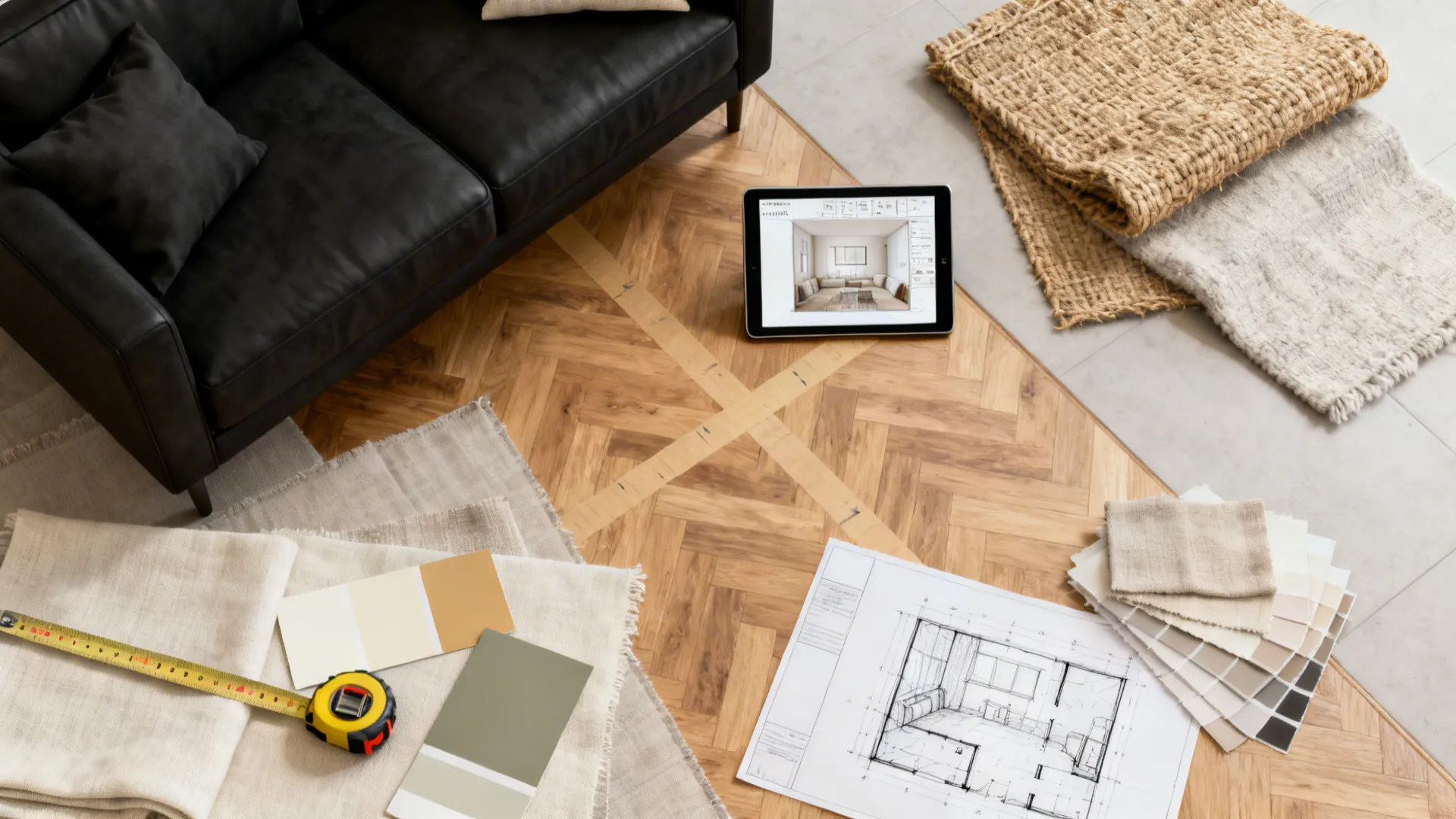 Top-down flatlay of planning tools, fabric swatches and paint chips for styling around a black sofa