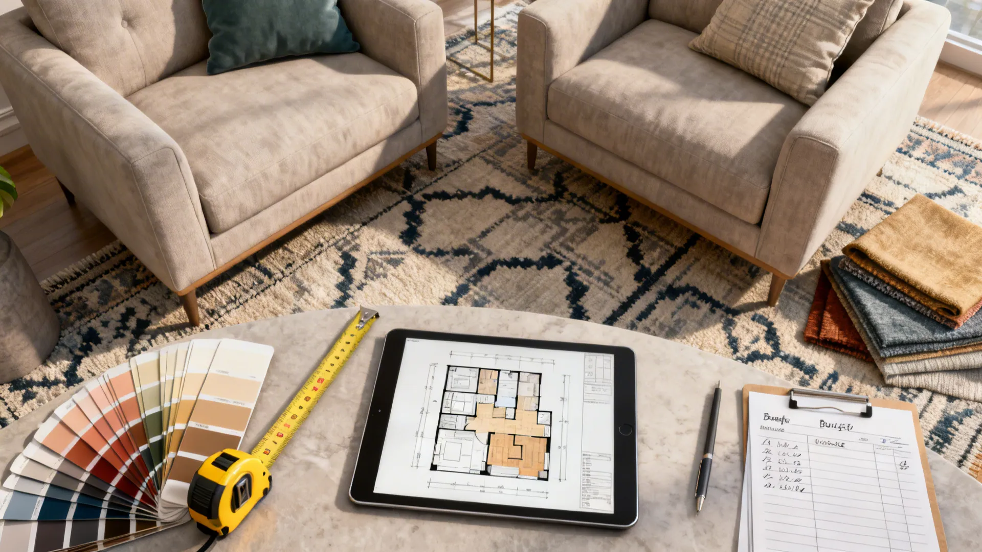 Flatlay of measuring tape, fabric swatches, rug samples and a tablet floor plan for sofa planning.