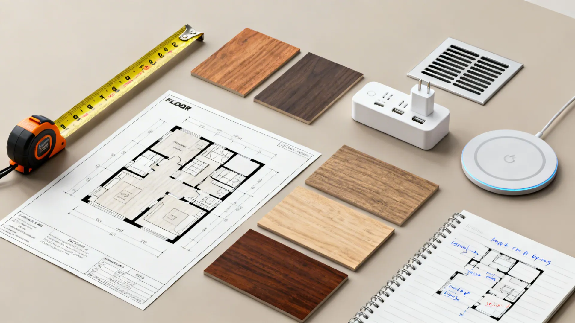 Flatlay of measuring tape, floorplanner printout, wood swatches and charging samples for end table planning