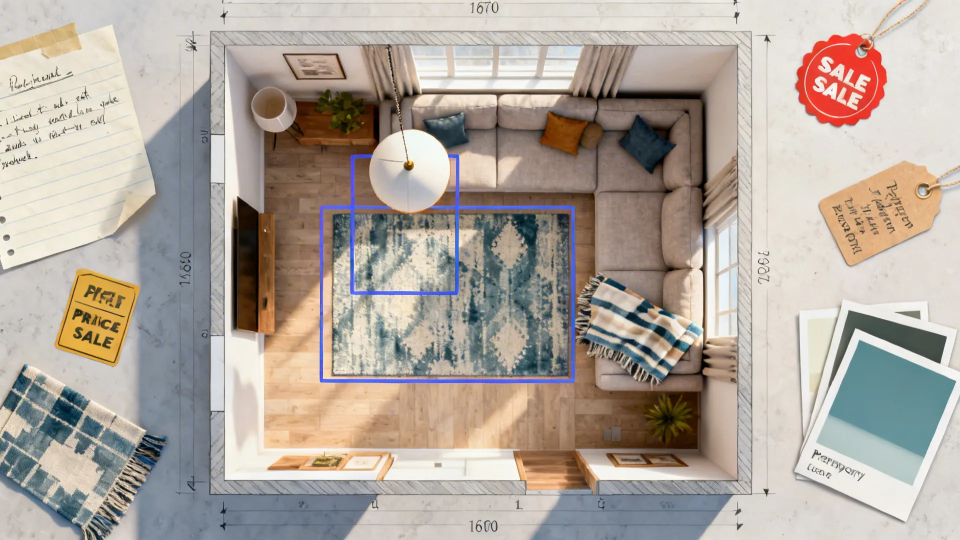 Top-down room planning layout highlighting focal purchases, swatches, and budget notes.