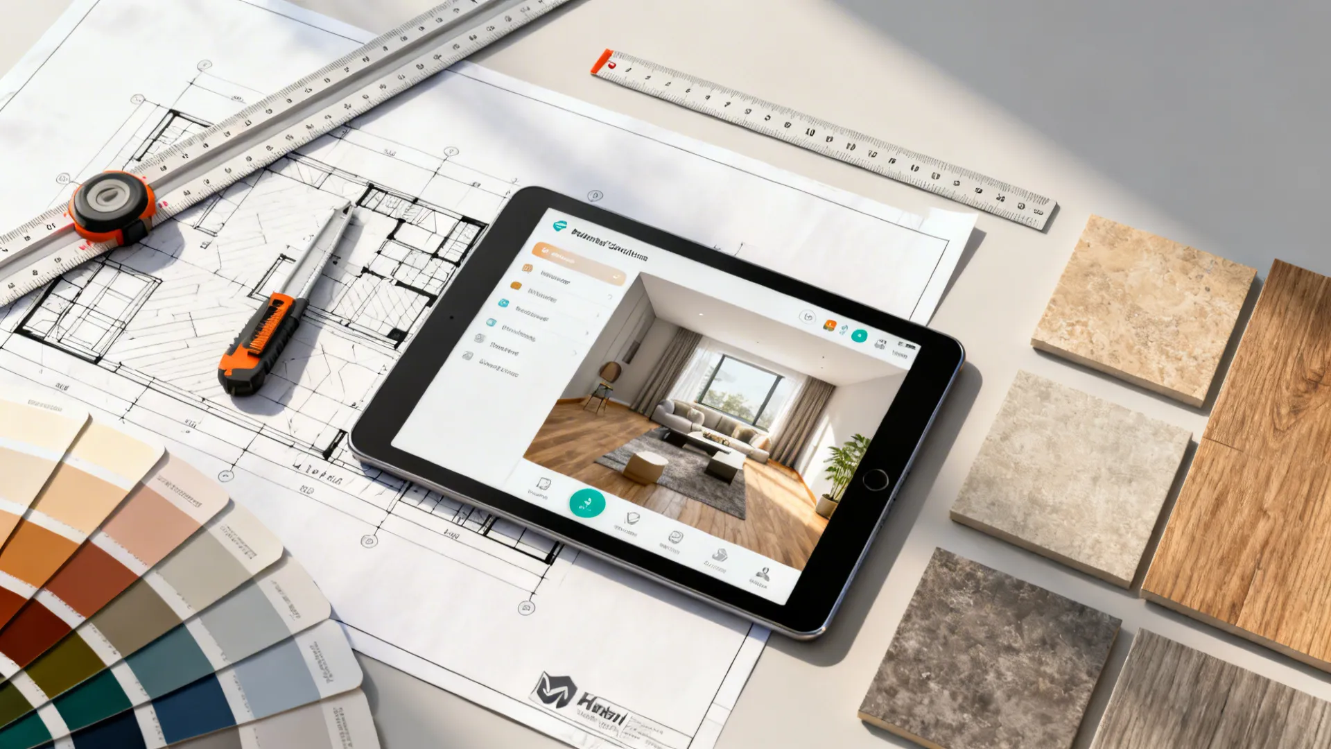 Tablet showing 3D interior design on floor plan with color swatches and various material samples