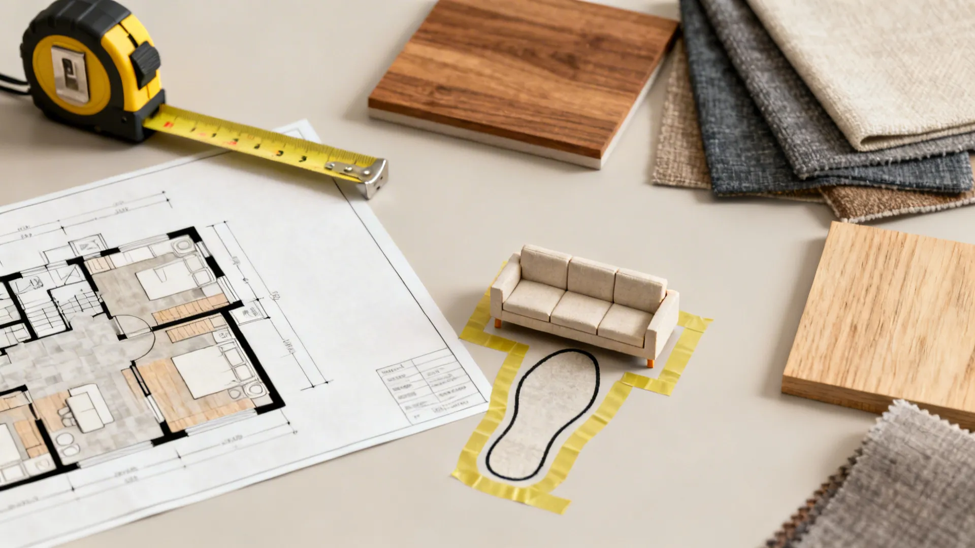 Flatlay of floor planner, tape measure and material swatches for coffee table planning