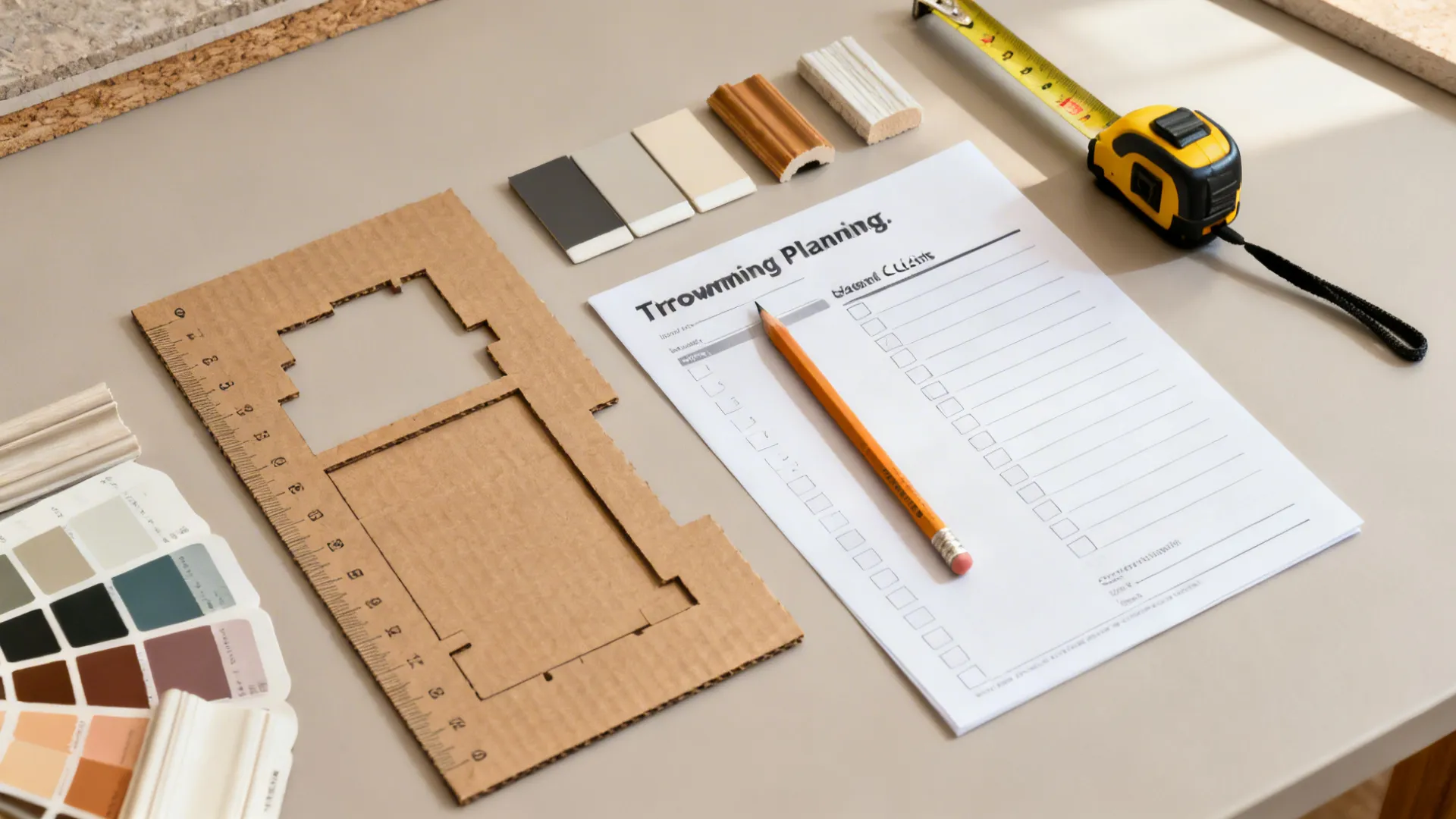 Flatlay of DIY pass-through planning tools including cardboard mockup, tape measure, and paint swatches.