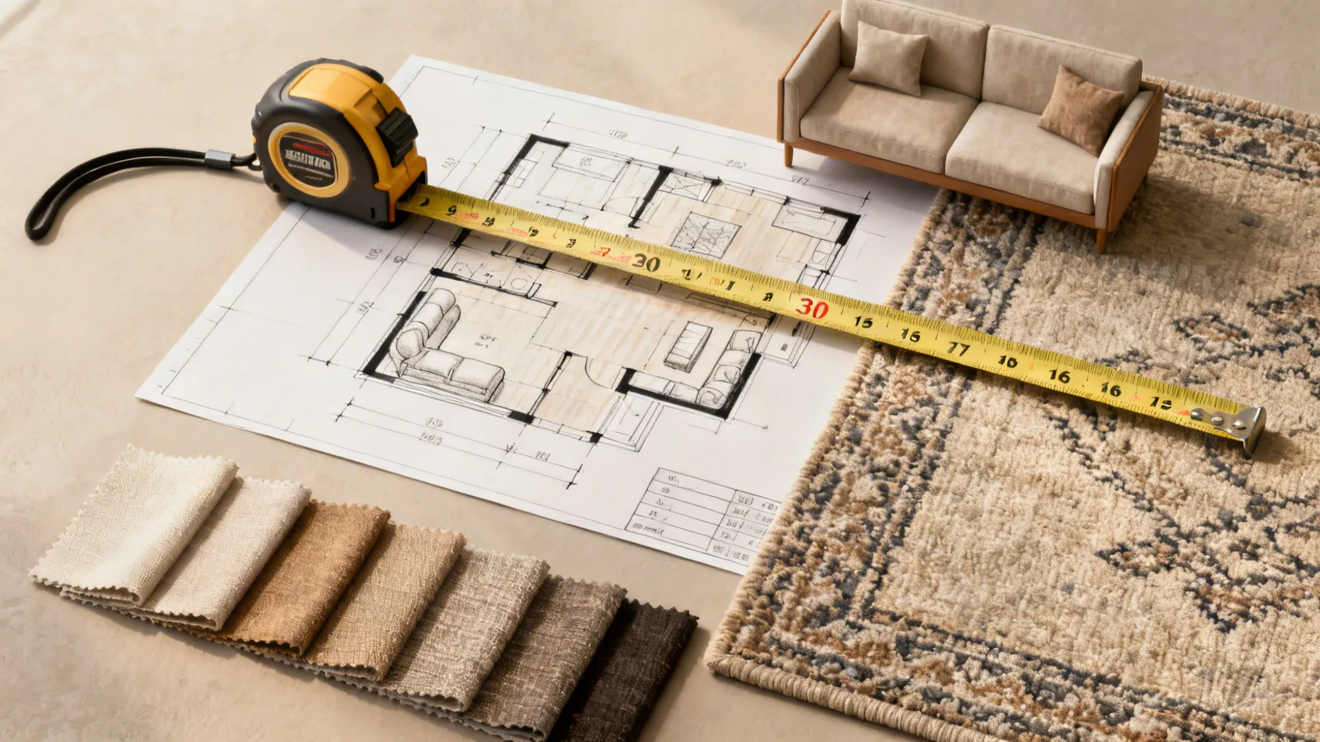 Top-down flatlay of living room planning tools: tape measure, floor plan, fabric swatches and rug sample