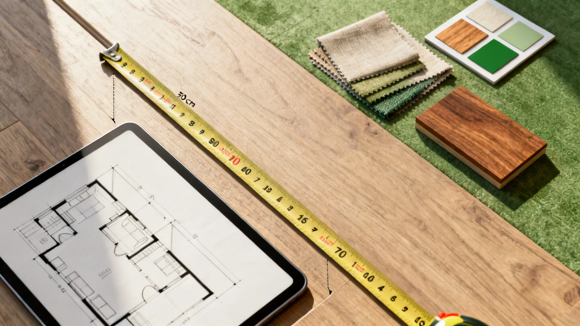 Flatlay of measuring tape, floor plan sketch and material samples for narrow room planning