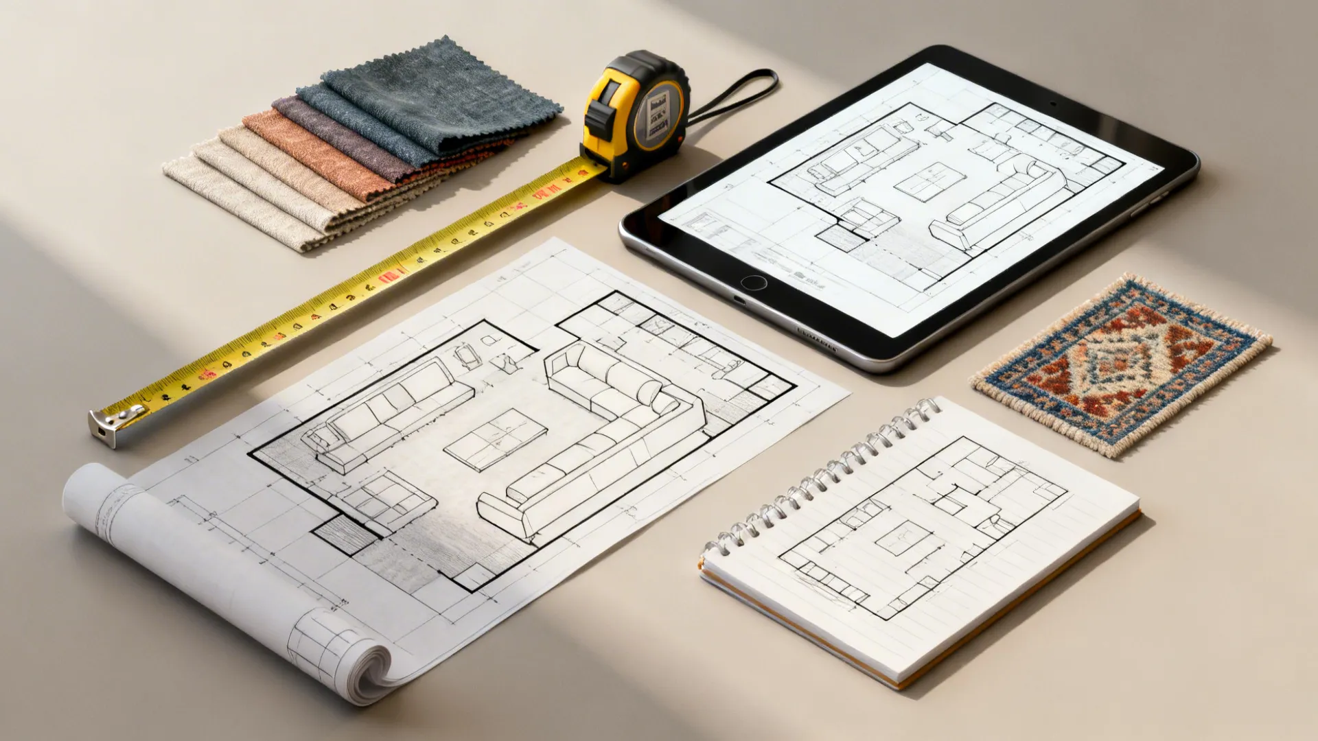 Flatlay of room-planning tools: tablet with floor plan, tape measure, fabric and rug samples.