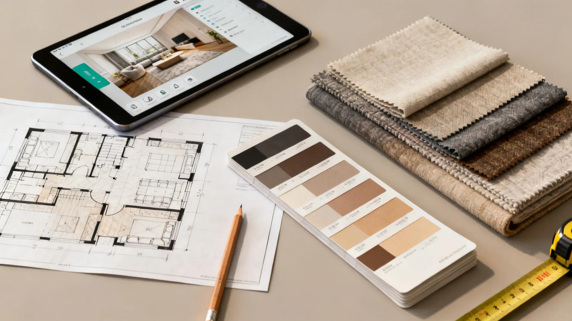 Top-down view of floorplan sketches, tablet room-planner, and fabric swatches for small-space design