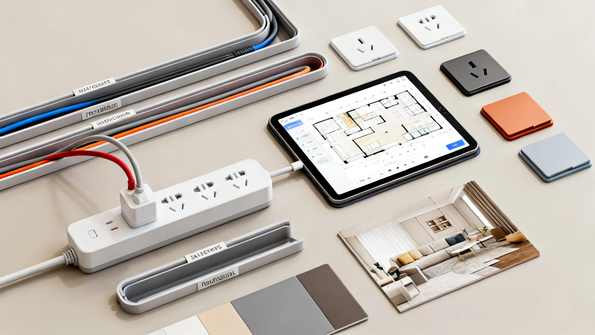 Flatlay of cable management tools, labeled power strips and a room planner on a tablet.