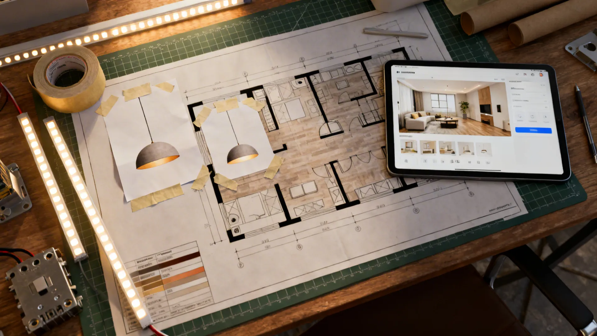 Designer workspace with room planner printouts, taped paper pendant mockups and LED samples for tall room planning.