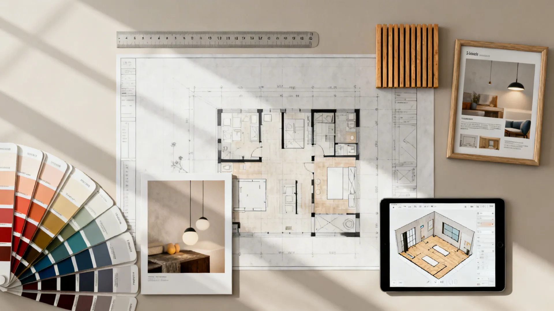 Floor plan drawing surrounded by color swatches wood samples a ruler and a digital tablet