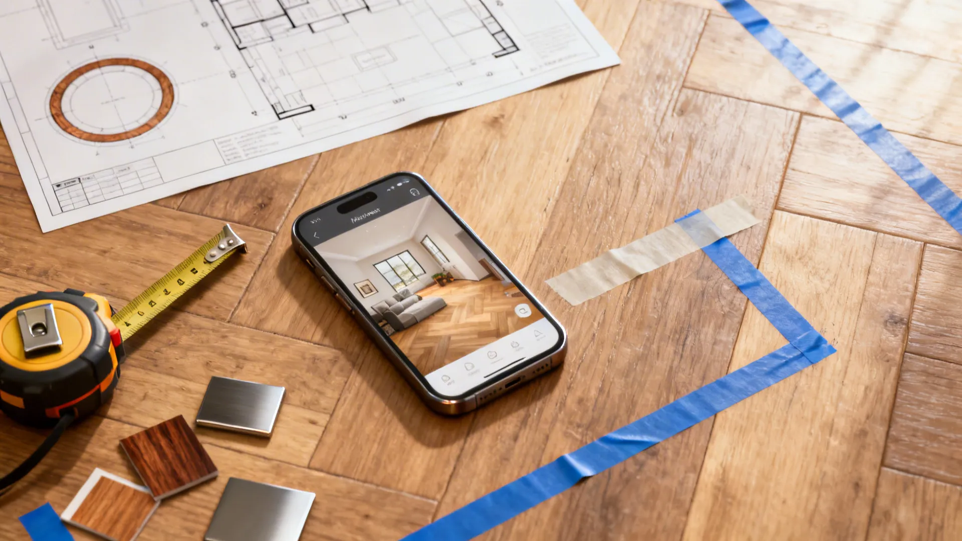 Flatlay of planning tools: room planner app, measuring tape, floor tape outline and material samples.