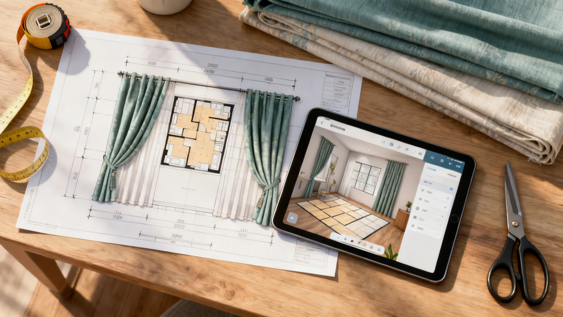 Top-down view of a design desk with room plan, tablet 3D planner, curtain panels and measuring tools.
