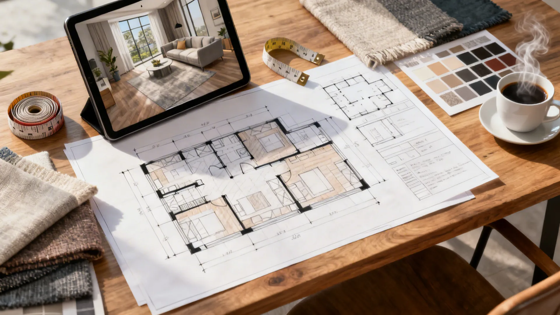 Top-down view of quick layout sketches and a tablet showing a 3D floor planner with textile swatches.