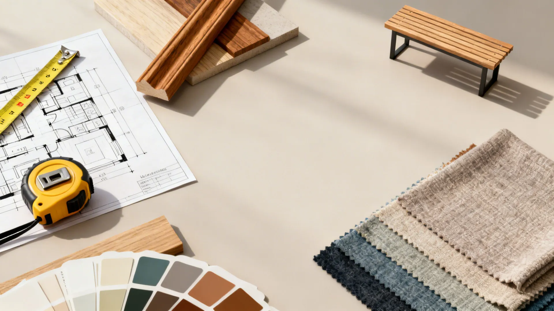 Flatlay of planning tools: measuring tape, sketches, wood and fabric samples for corner design.