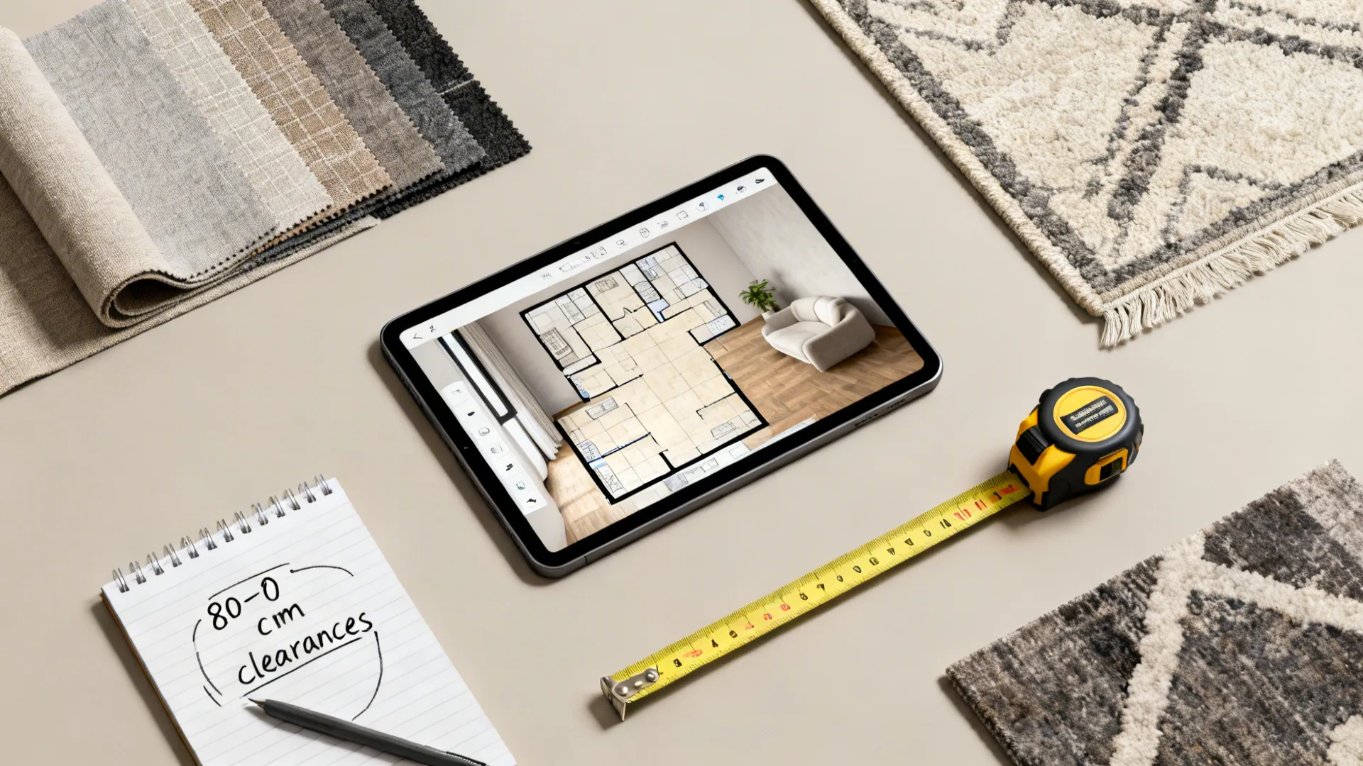 Flatlay of a tablet with 3D planner, measuring tape and material samples for planning circulation