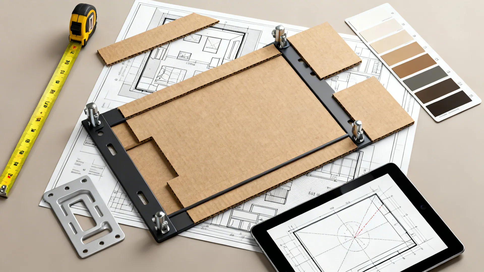 Flat lay with floor plans, a yellow tape measure, color samples, and interior design drawing