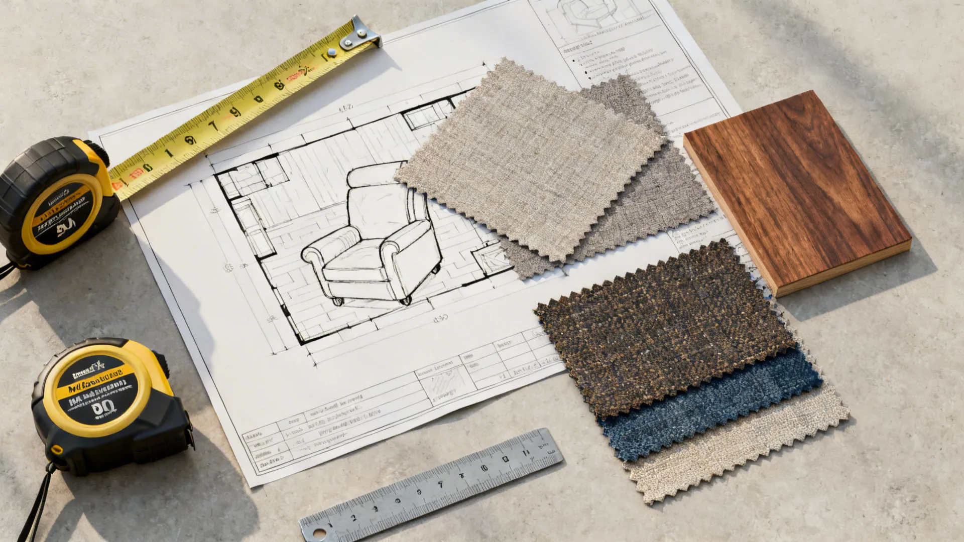 Top-down flatlay of a tape measure, fabric swatches, wood sample, and floor plan sketch for recliner planning.
