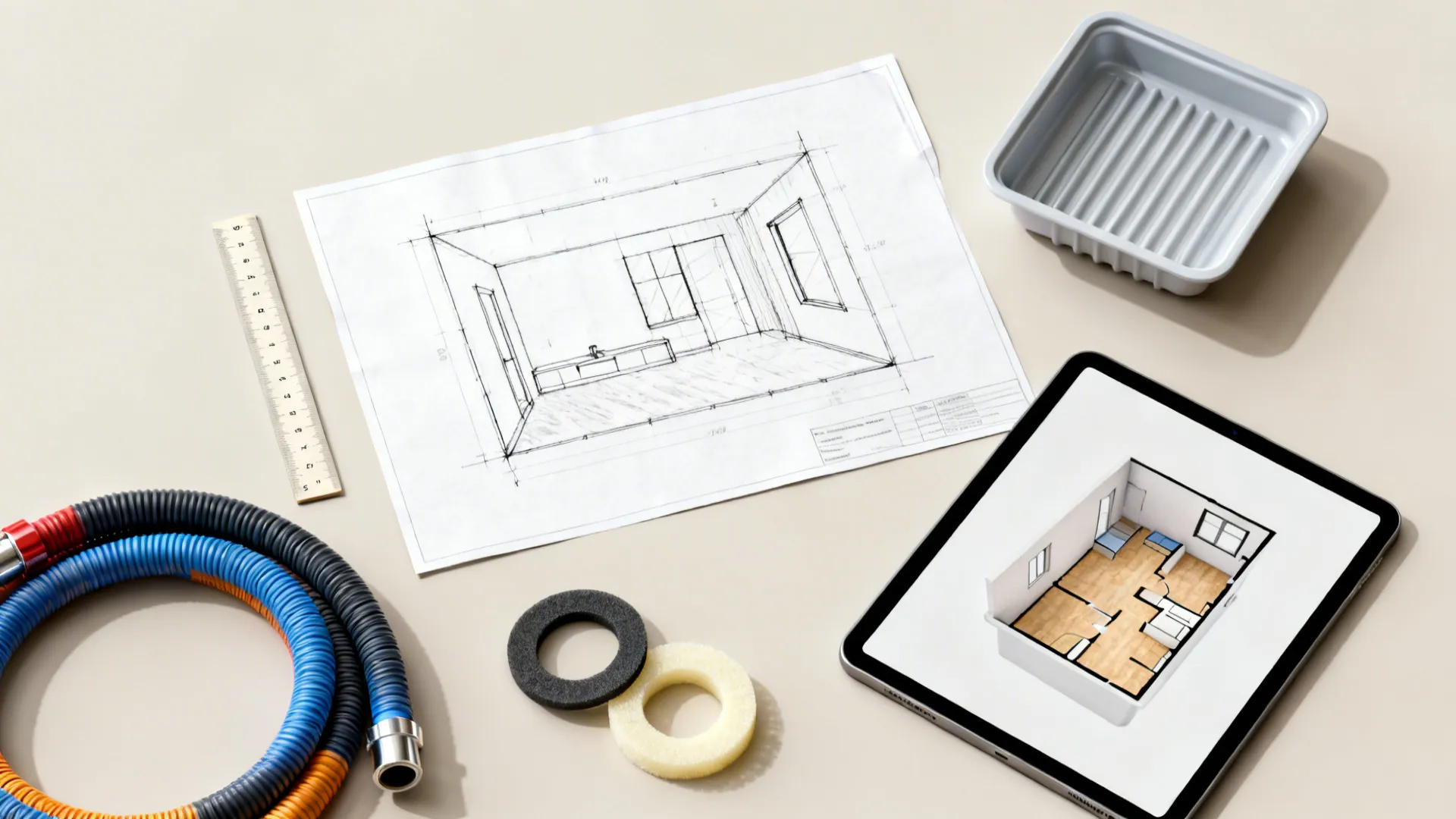 Flatlay of planning tools and a tablet showing a 3D floor plan for dehumidifier hose routing