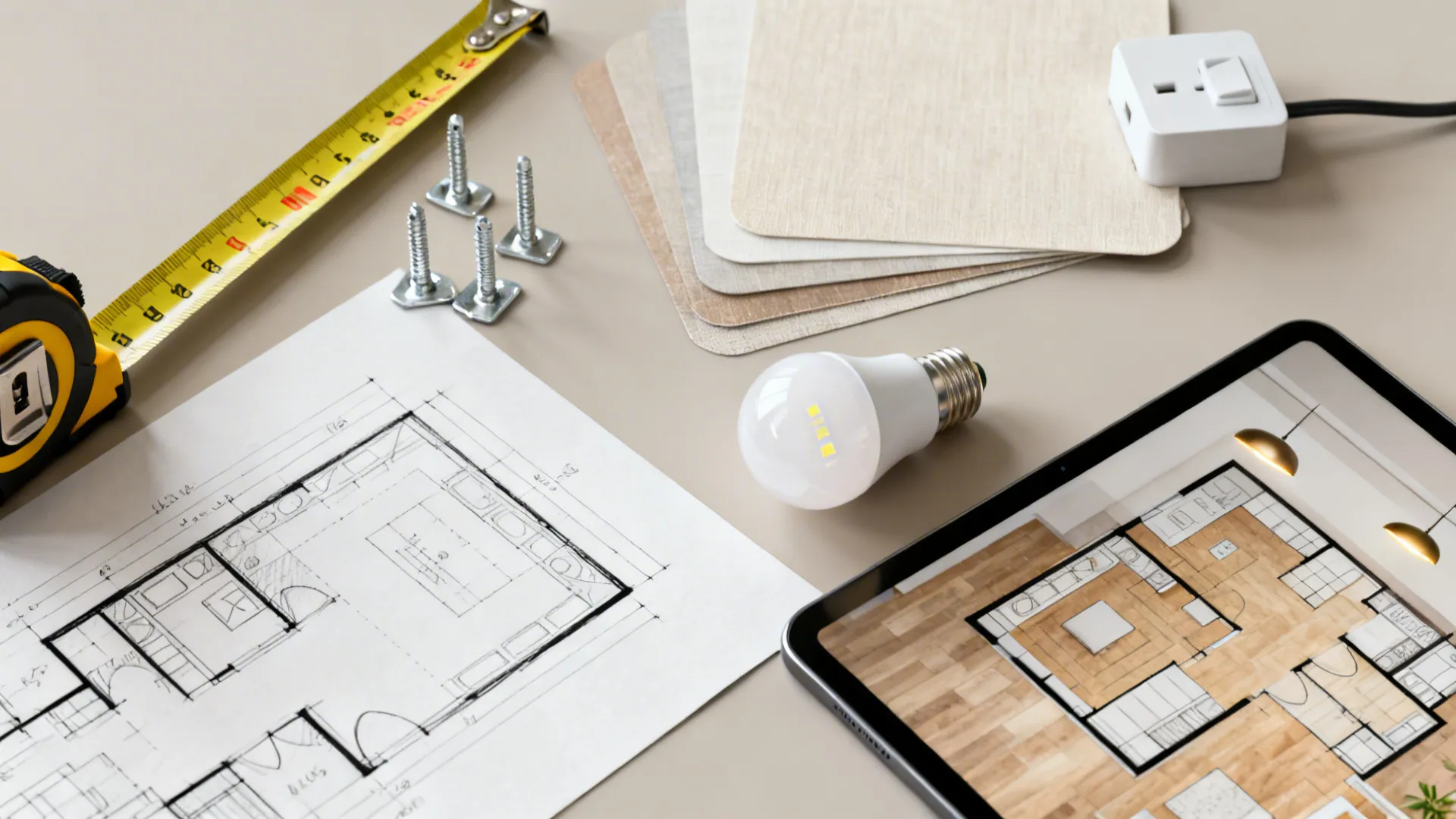 Flatlay of measuring tools, anchors, shade samples and a floor planner for pendant placement.
