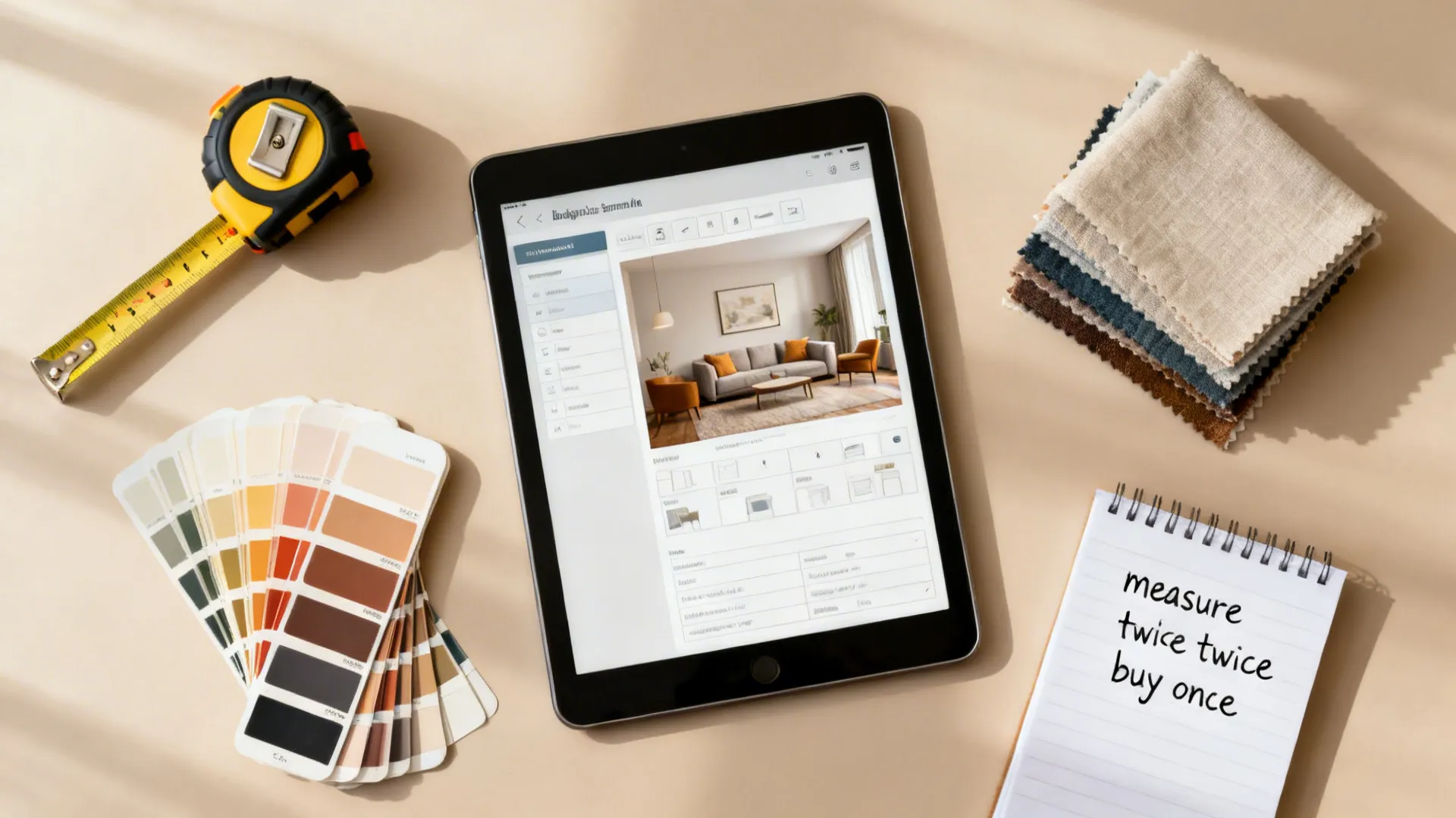 Flatlay of measurement tools, color swatches and a tablet with a room planner for small living room planning.