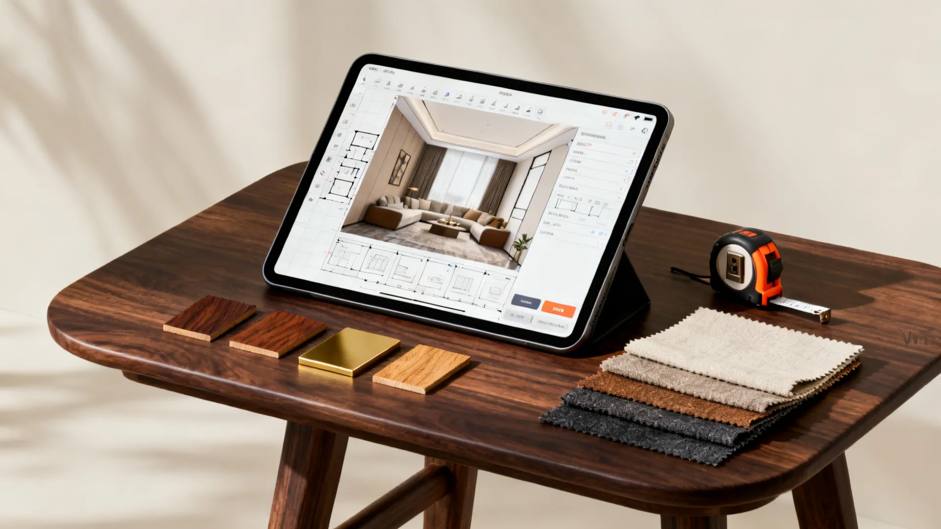 Tablet showing interior design drawing software with wood samples fabric swatches and a tape measure