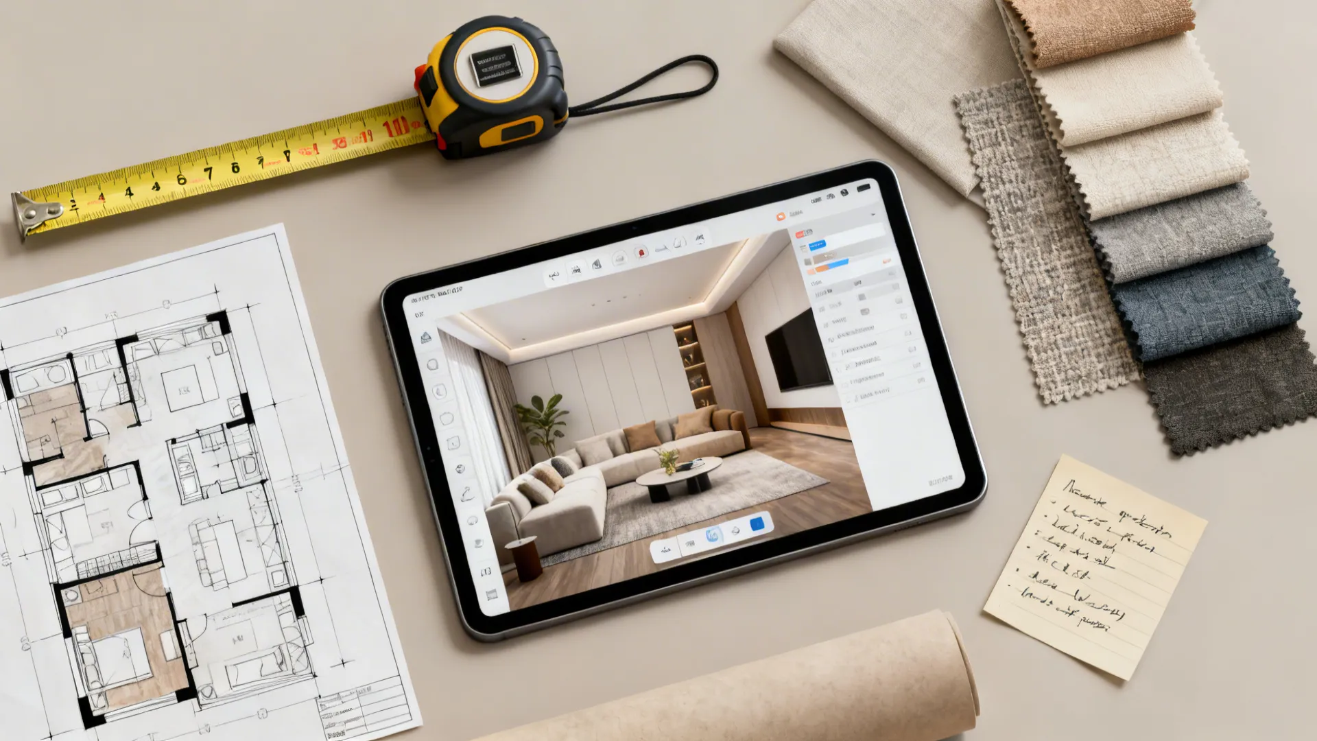 Interior design drawing on tablet showing living room layout with floor plan and fabric samples