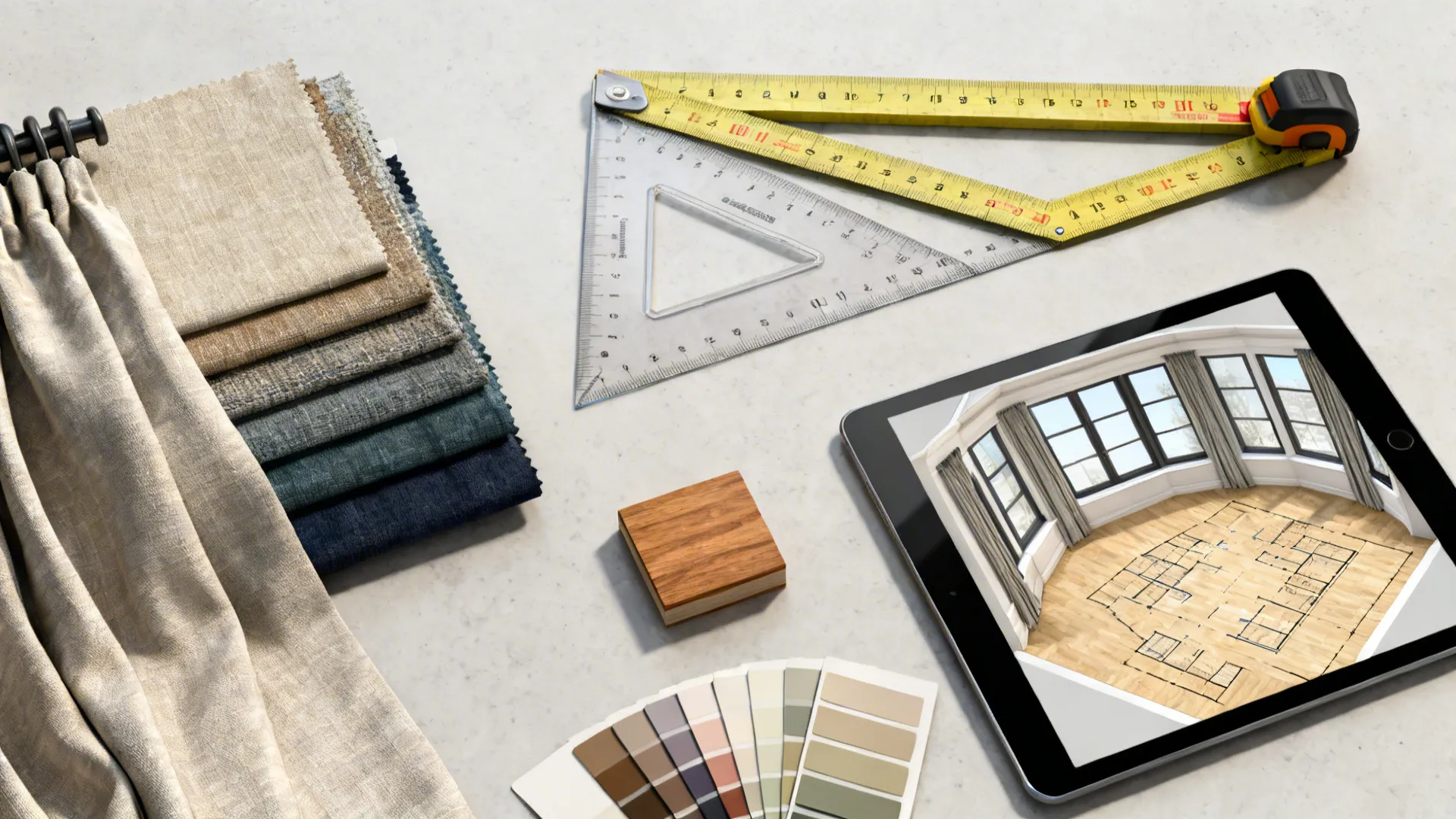 Interior design planning with fabric samples measuring tools and tablet showing a 3D floor plan