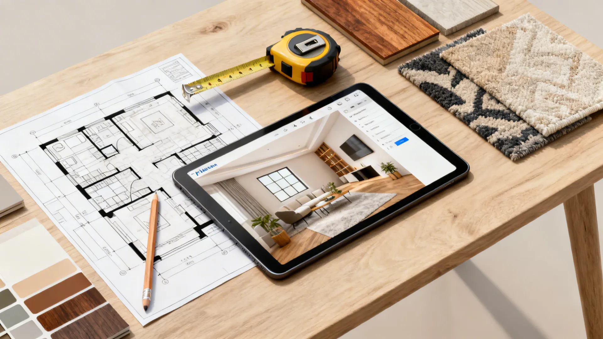 Wooden table with tablet showing room design, paper floor plan, measuring tape, pencil and samples
