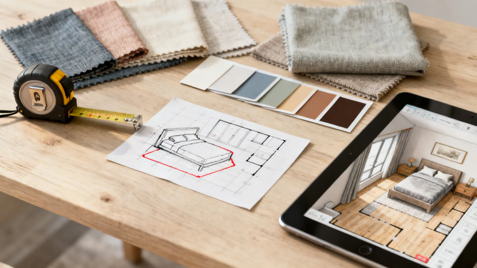 Flatlay of planning tools for small bedroom design: tape measure, color chips and 3D planner on tablet