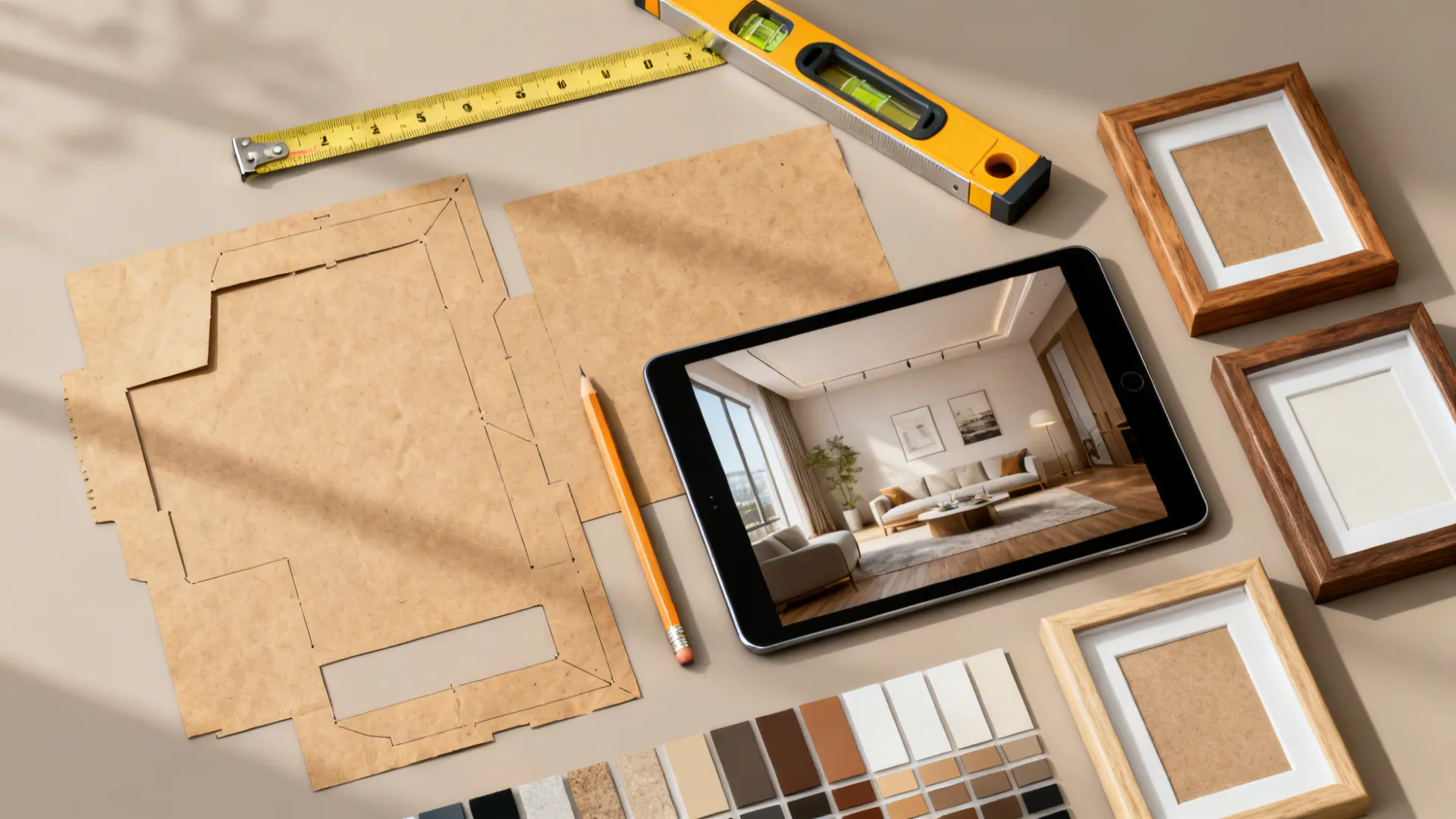 Interior design planning tools with paper floor plan, measuring tape, level tool, tablet and frames