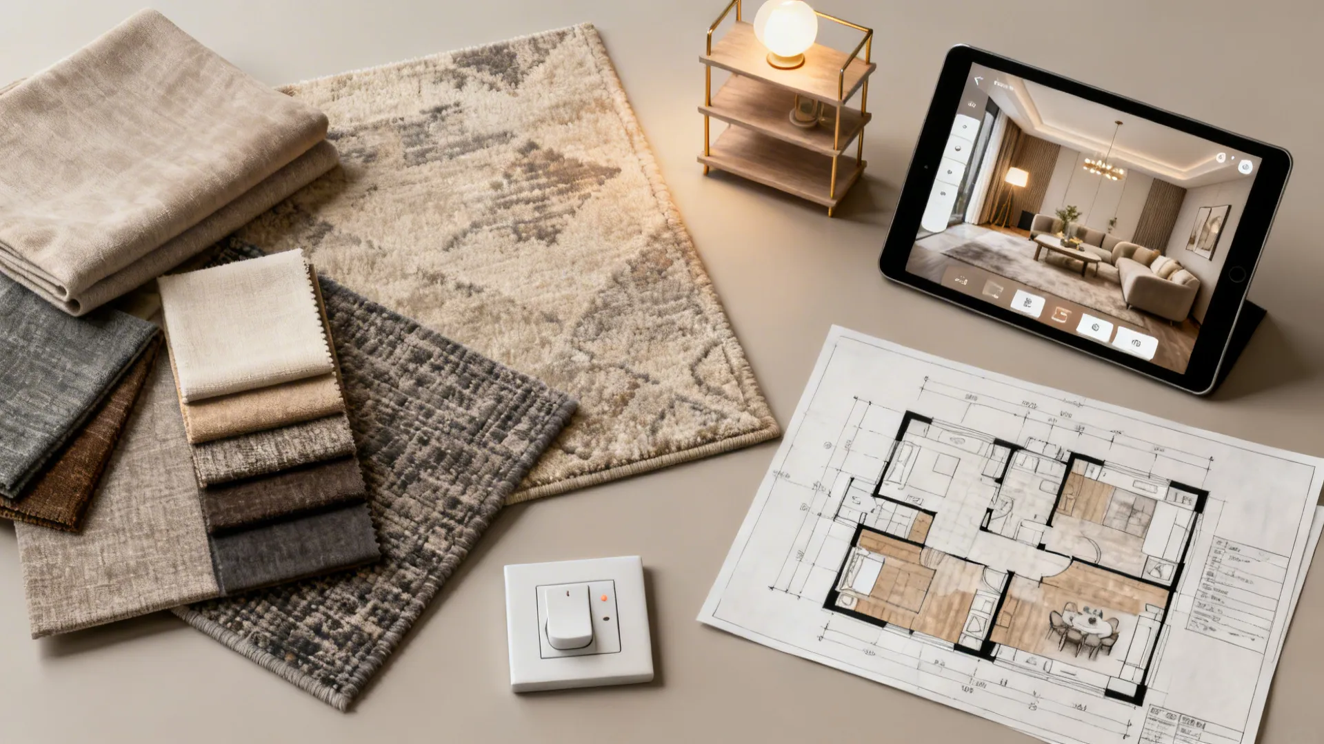 Flatlay of fabric swatches, rug samples, a shelf model, dimmer switch and a tablet with a room planner.